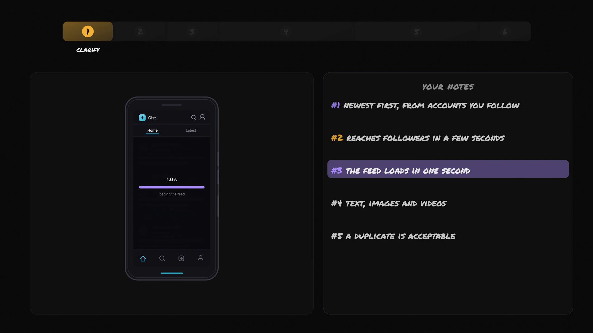 A dark-themed UI mockup showing a smartphone screen with a progress bar reading "1.0 s" while the feed loads. On the right is a "Your Notes" list of numbered requirements, with "#3 THE FEED LOADS IN ONE SECOND" highlighted.