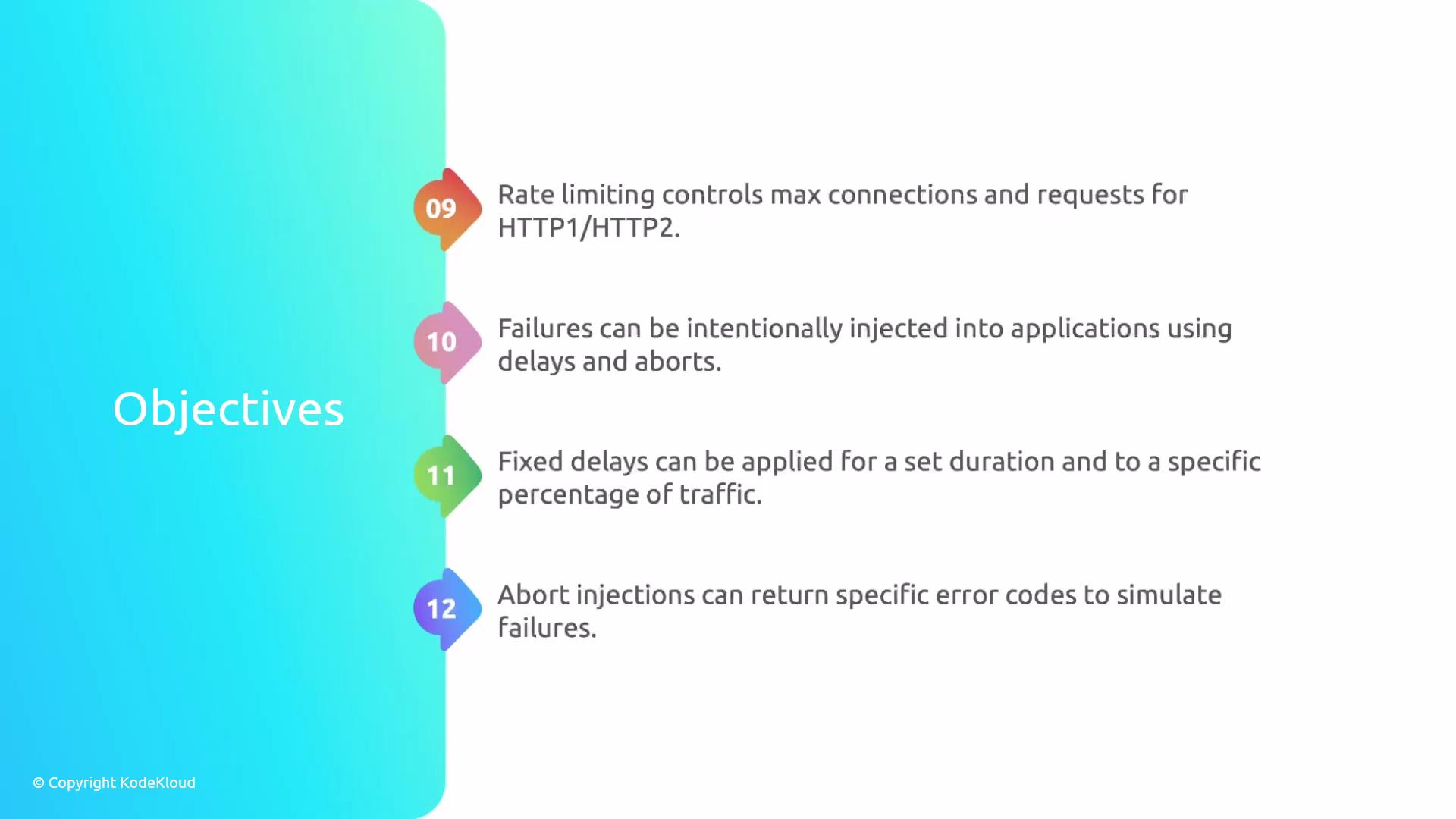 The image presents a list of objectives related to application performance, including rate limiting, intentional failures, fixed delays, and abort injections. It is visually organized with colorful numbered markers alongside each objective.