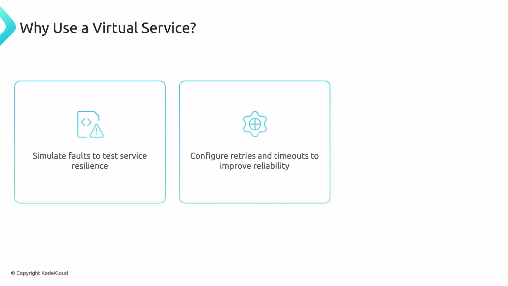 The image explains why to use a virtual service, highlighting the benefits of simulating faults to test service resilience and configuring retries and timeouts to improve reliability.