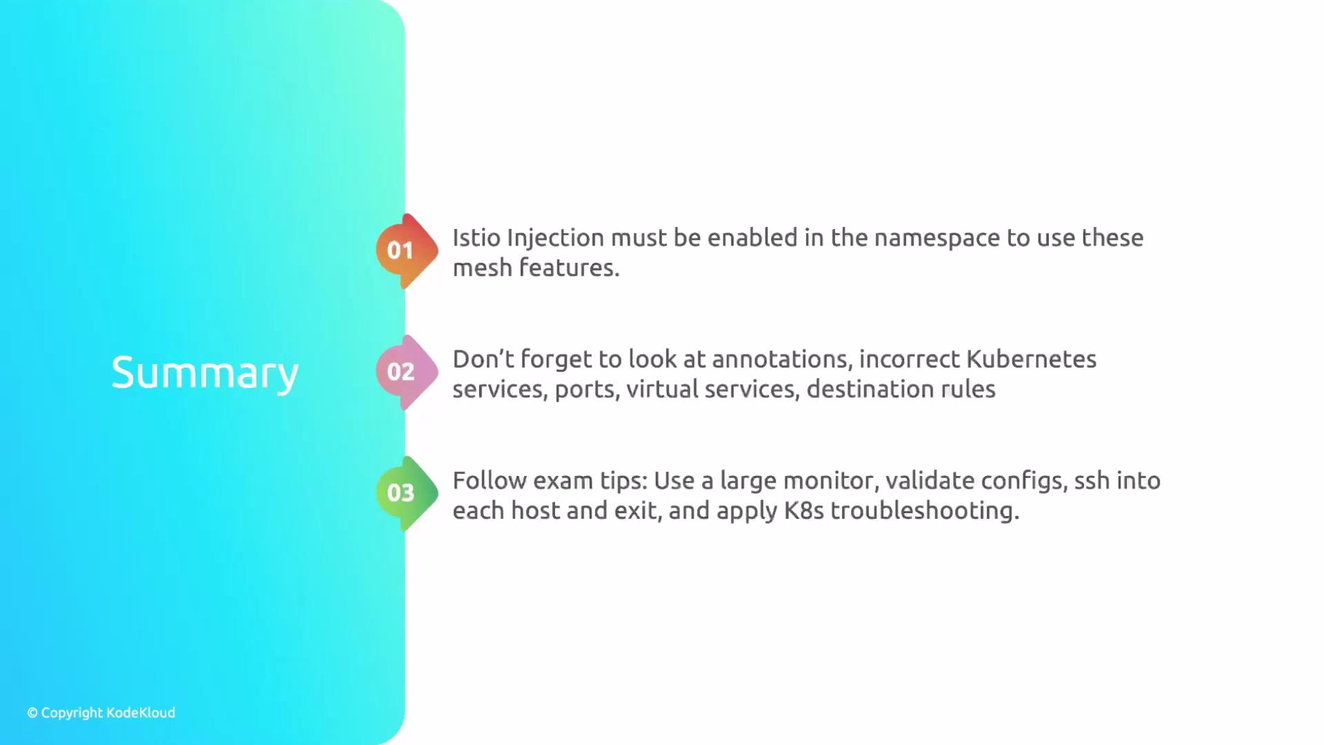 The image is a summary slide with three numbered points related to Istio and Kubernetes configurations and exam tips, set on a gradient blue background.