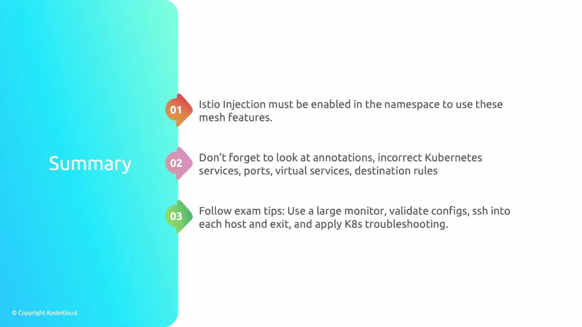 The image is a summary slide with three numbered points related to Istio and Kubernetes configurations and exam tips, set on a gradient blue background.