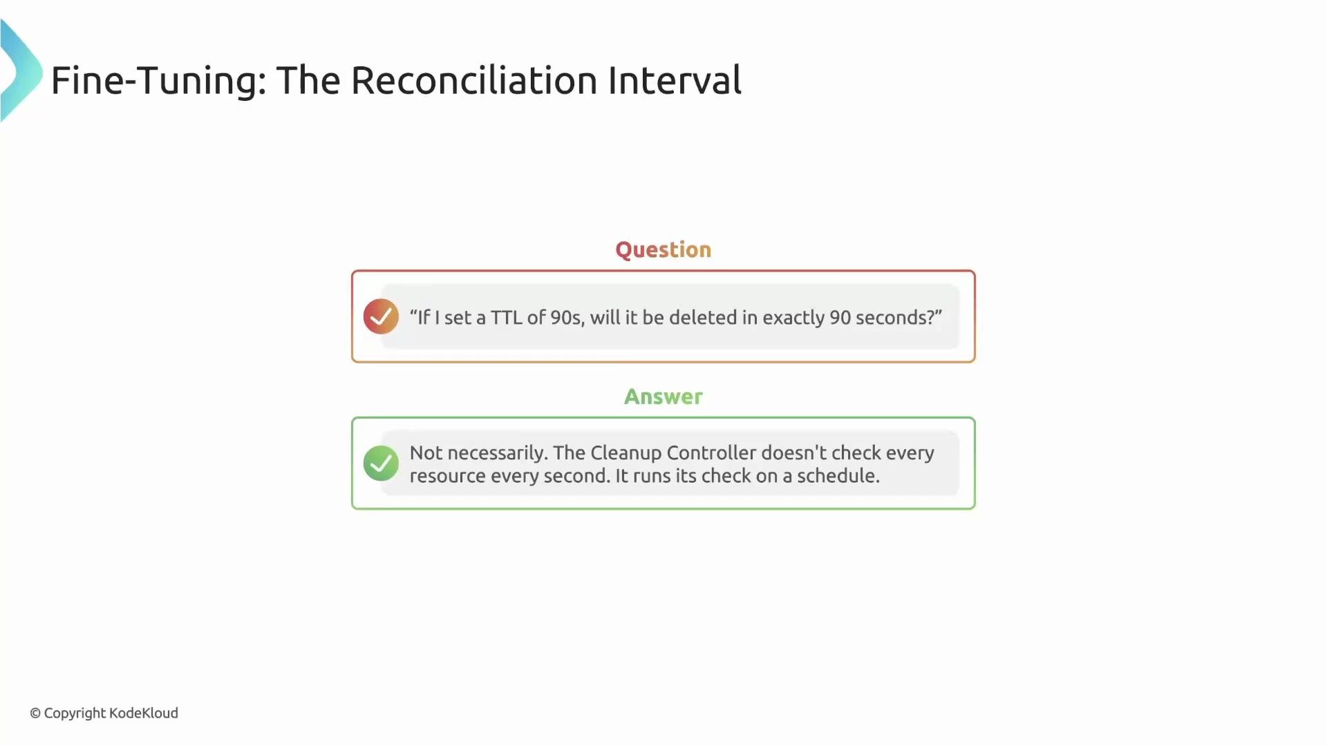 The image is titled "Fine-Tuning: The Reconciliation Interval" and features a question about TTL deletion timing, with an answer explaining that the Cleanup Controller runs on a schedule, not checking every second.