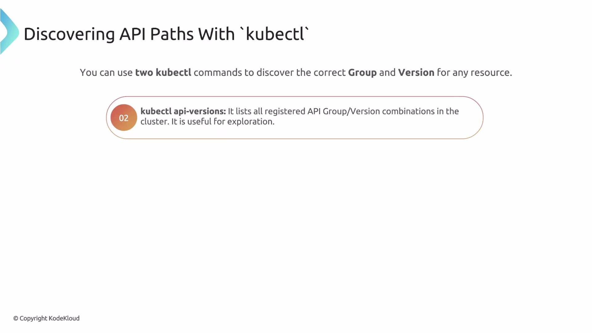 The image explains how to discover API paths using kubectl commands, specifically highlighting kubectl api-versions to list registered API Group/Version combinations in a cluster.