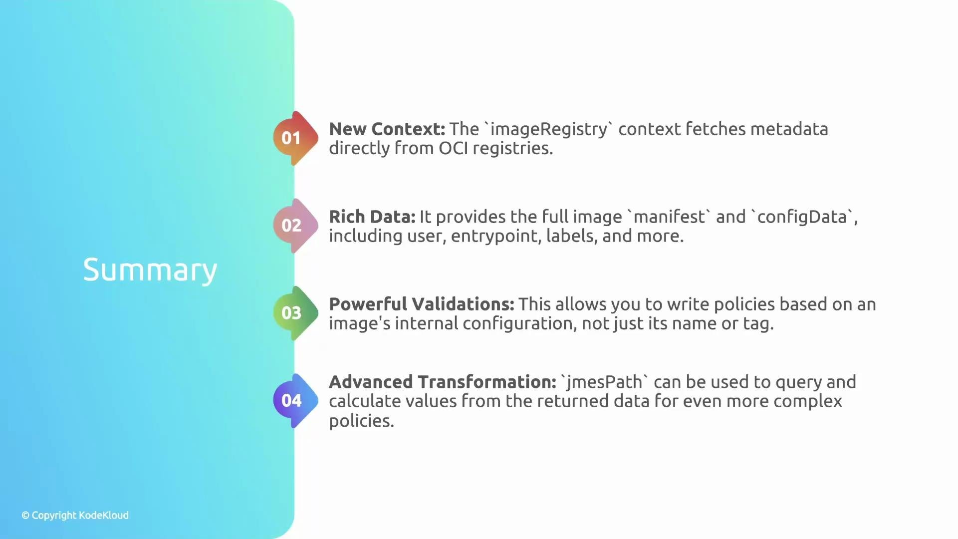 The image is a summary list of four key features related to image data and policies, including new context, rich data, powerful validations, and advanced transformation. Each feature is numbered and briefly explained.