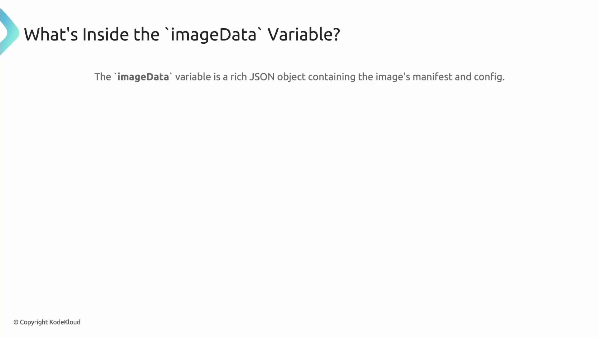 The image contains a title, "What's Inside the imageData Variable?" and a description stating it is a rich JSON object containing the image's manifest and config.