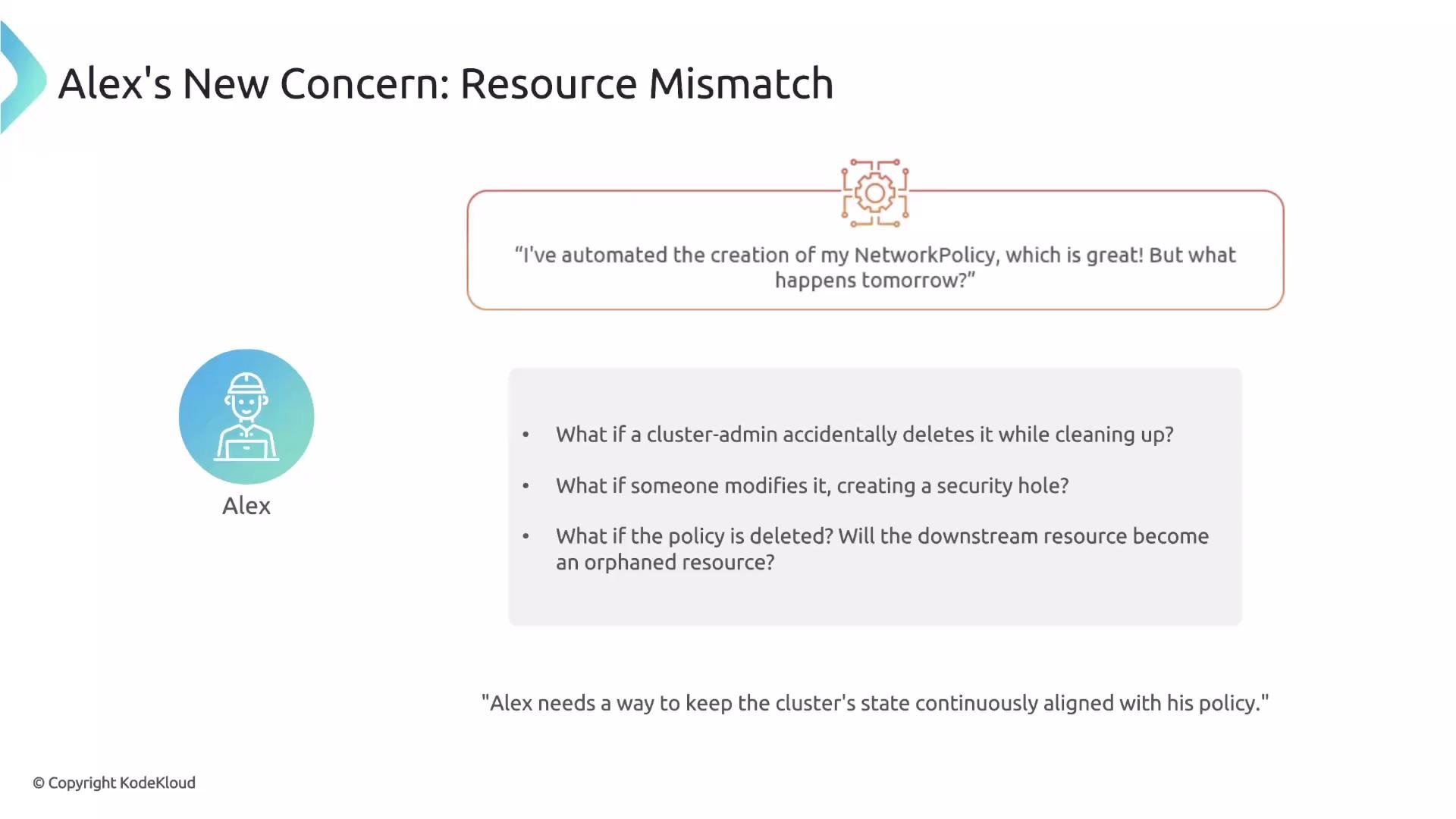The image discusses Alex's concern about resource mismatch after automating a NetworkPolicy, highlighting potential issues like accidental deletion, modifications, and orphaned resources. It suggests the need for a solution to keep the cluster's state aligned with the policy.