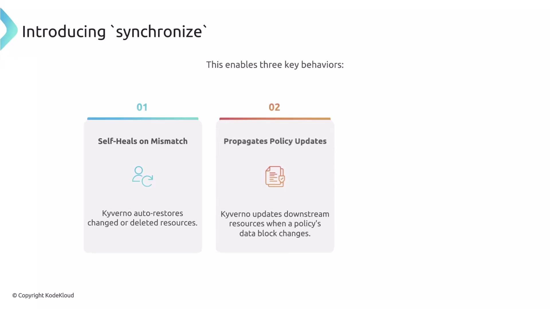The image introduces the "synchronize" feature, highlighting two key behaviors: self-healing on mismatches and propagation of policy updates.