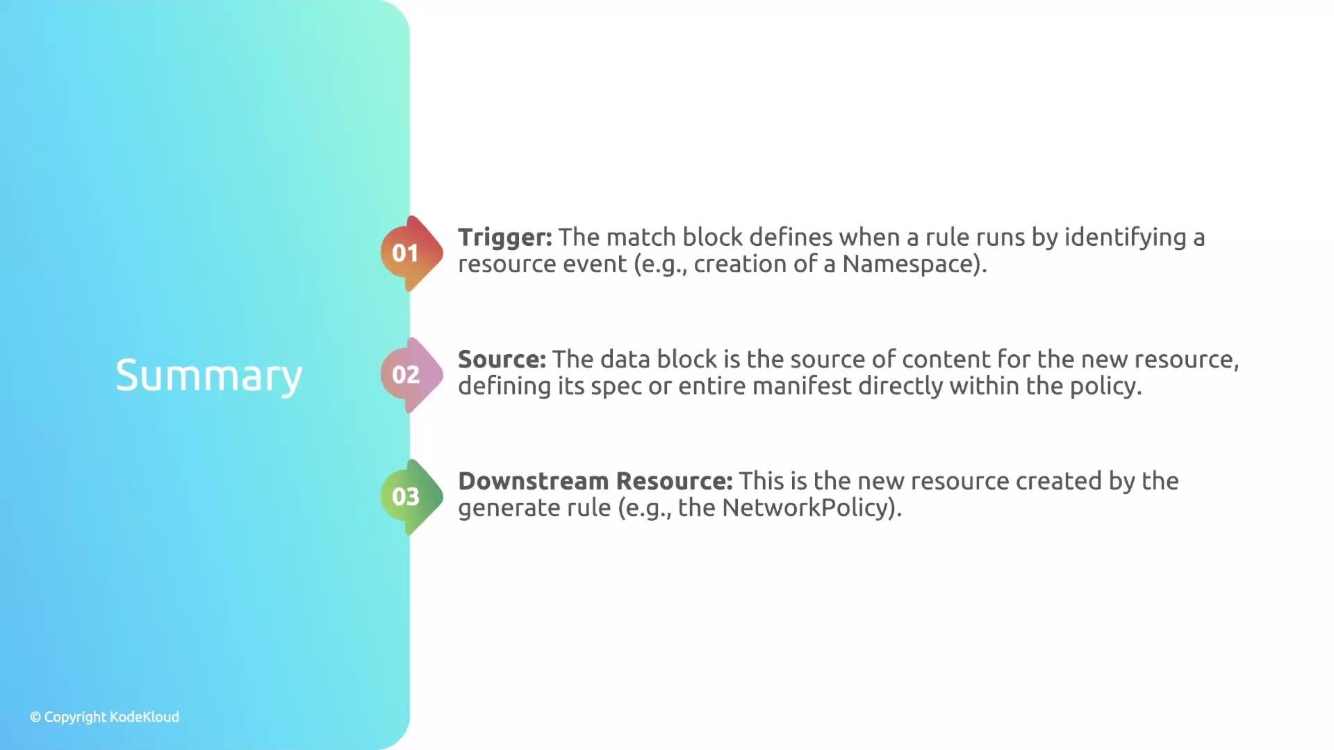 The image is a summary diagram explaining three concepts: Trigger, Source, and Downstream Resource within a policy framework. Each concept is briefly defined with associated descriptions.