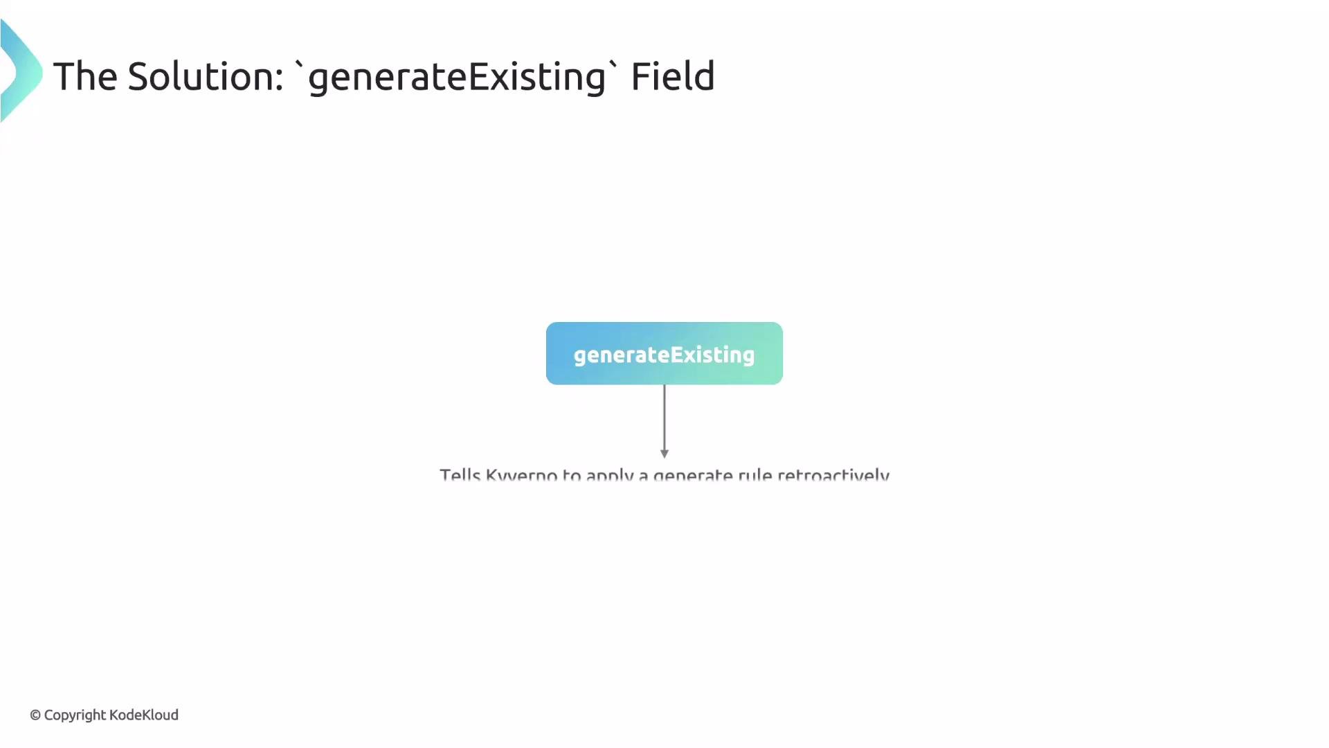 The image presents a solution feature called "generateExisting" related to Kyverno, indicating it applies a generate rule retroactively. There's a diagram showing the flow from the "generateExisting" field.