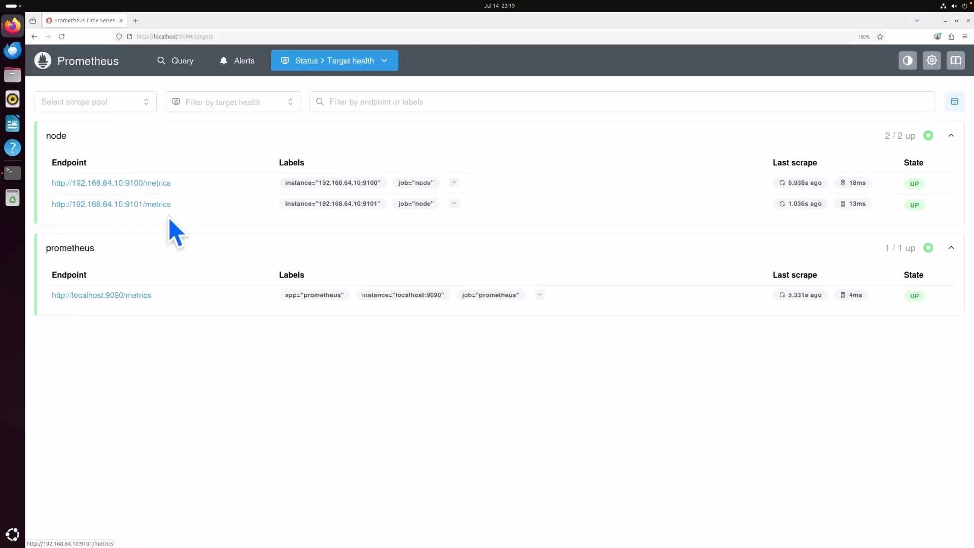 This image shows a Prometheus monitoring interface displaying the status of various endpoints, including nodes and Prometheus instances, with their last scrape times and states indicated as "UP".