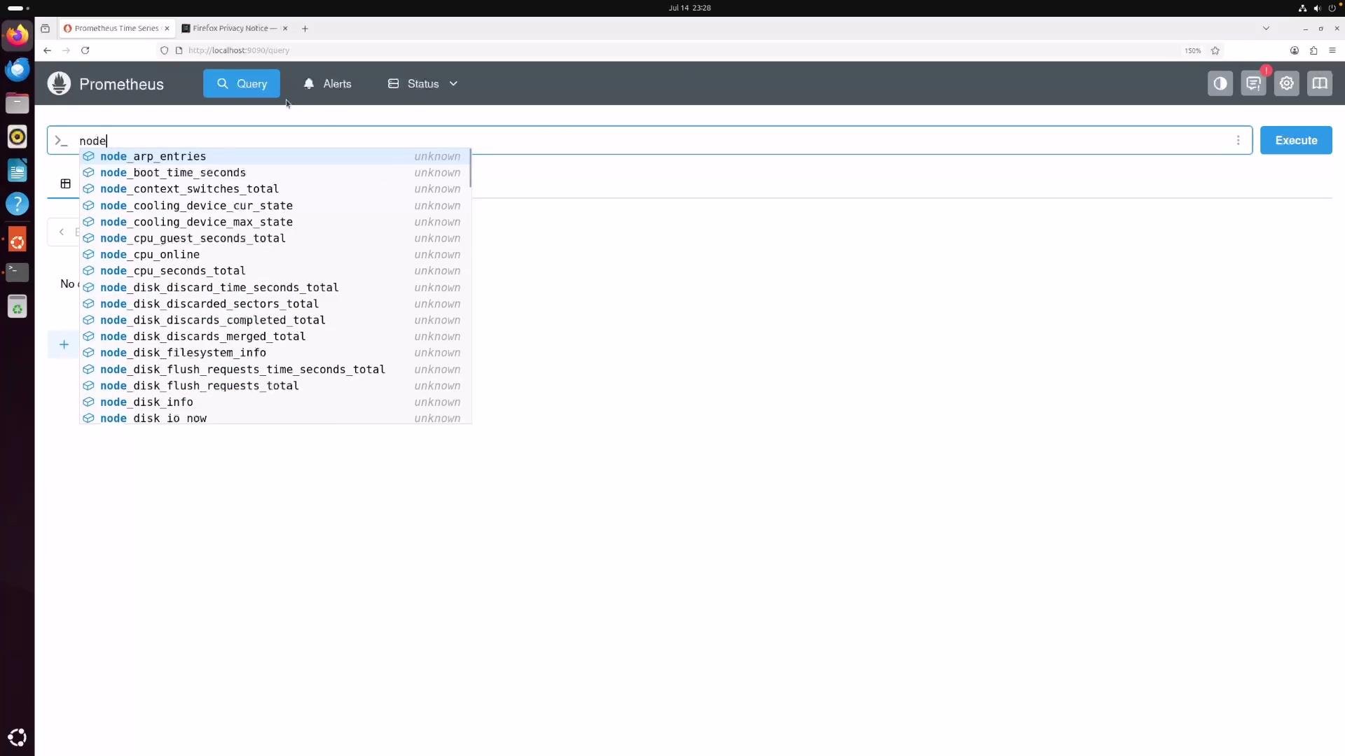 The image shows the Prometheus query interface open in a web browser, with a query being entered for metrics starting with "node". Various metric options and their statuses are displayed below the query box.