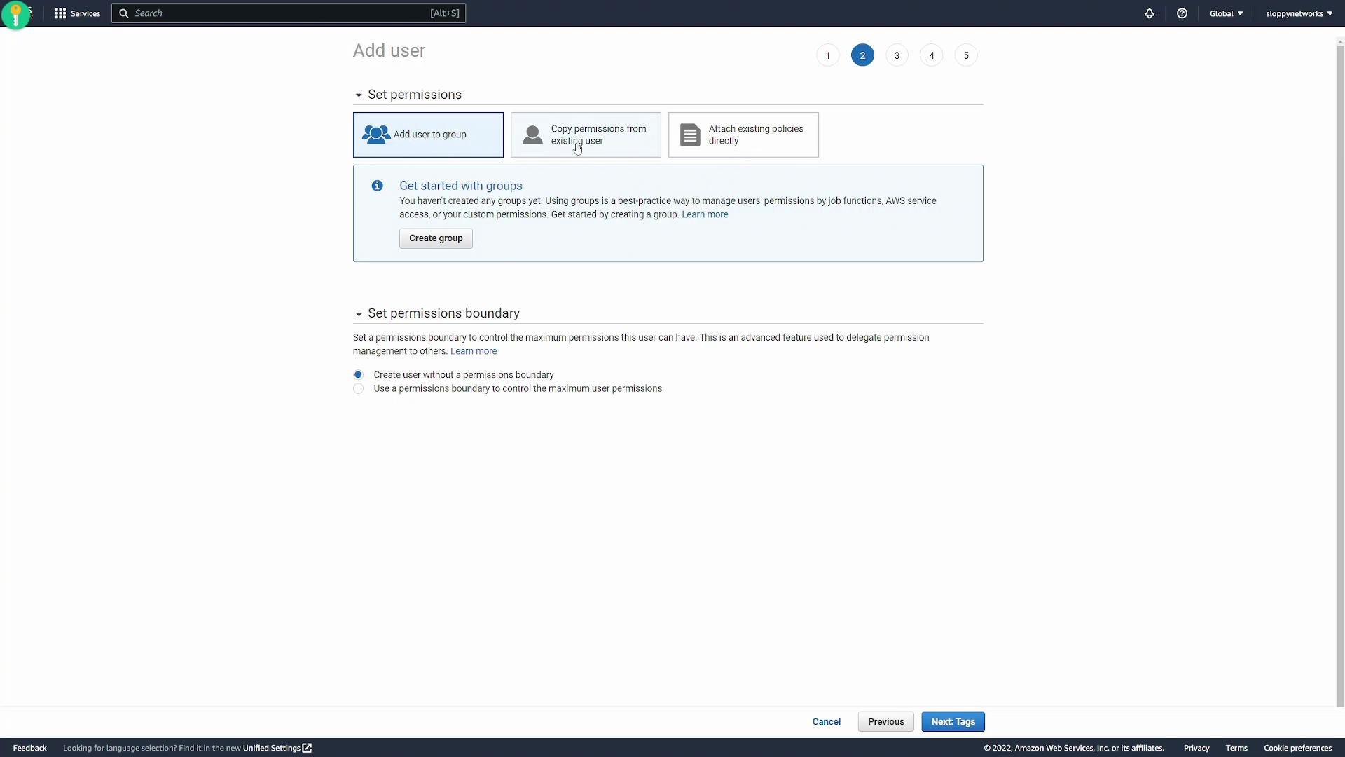 The image shows an AWS interface for adding a user, with options to set permissions, add the user to a group, or copy permissions from an existing user. There is also an option to set a permissions boundary.
