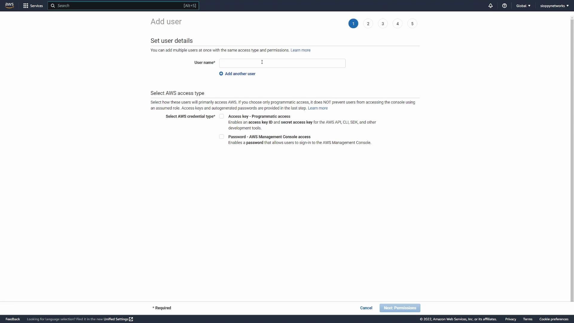 This image shows a screen from the AWS Management Console for adding a new user, where you can enter a username and select the AWS access type.