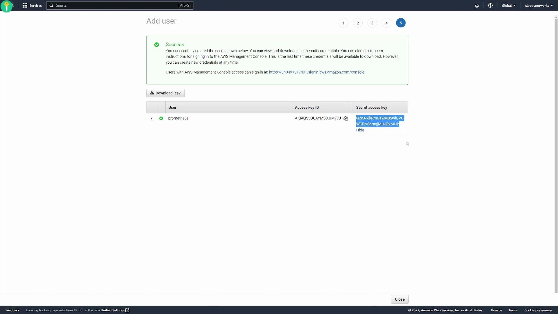 The image shows a user creation confirmation screen in the AWS Management Console, indicating success with a user's access key ID and secret access key.