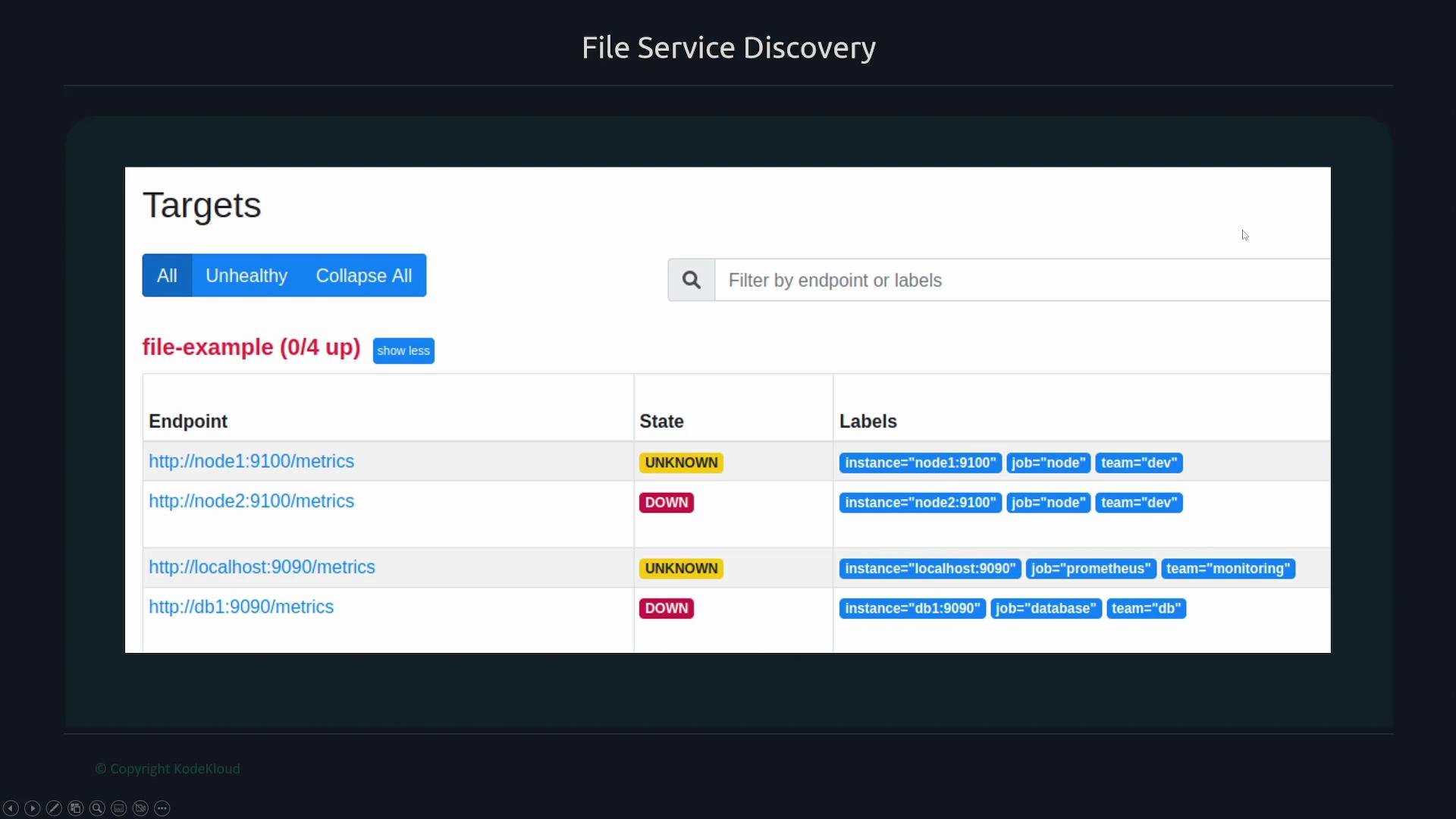The image shows a "File Service Discovery" interface displaying endpoints with their states (UNKNOWN or DOWN) and labels.