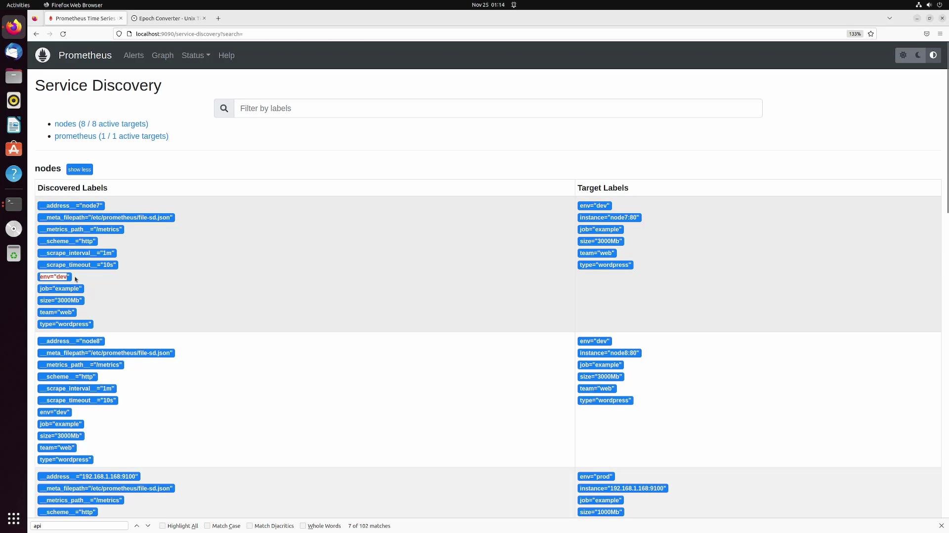 The image shows a Firefox web browser displaying the Prometheus Service Discovery page. It lists nodes with their discovered labels and target labels for monitoring.