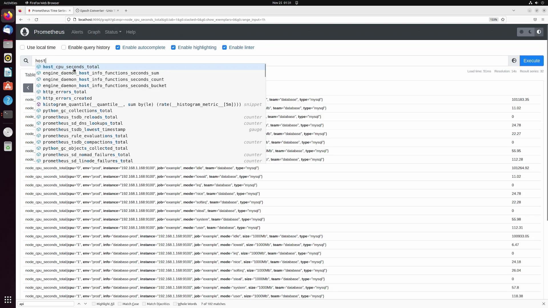 The image shows the Prometheus web interface with a query related to "host" metrics being executed, displaying a list of metric data entries and their corresponding values.