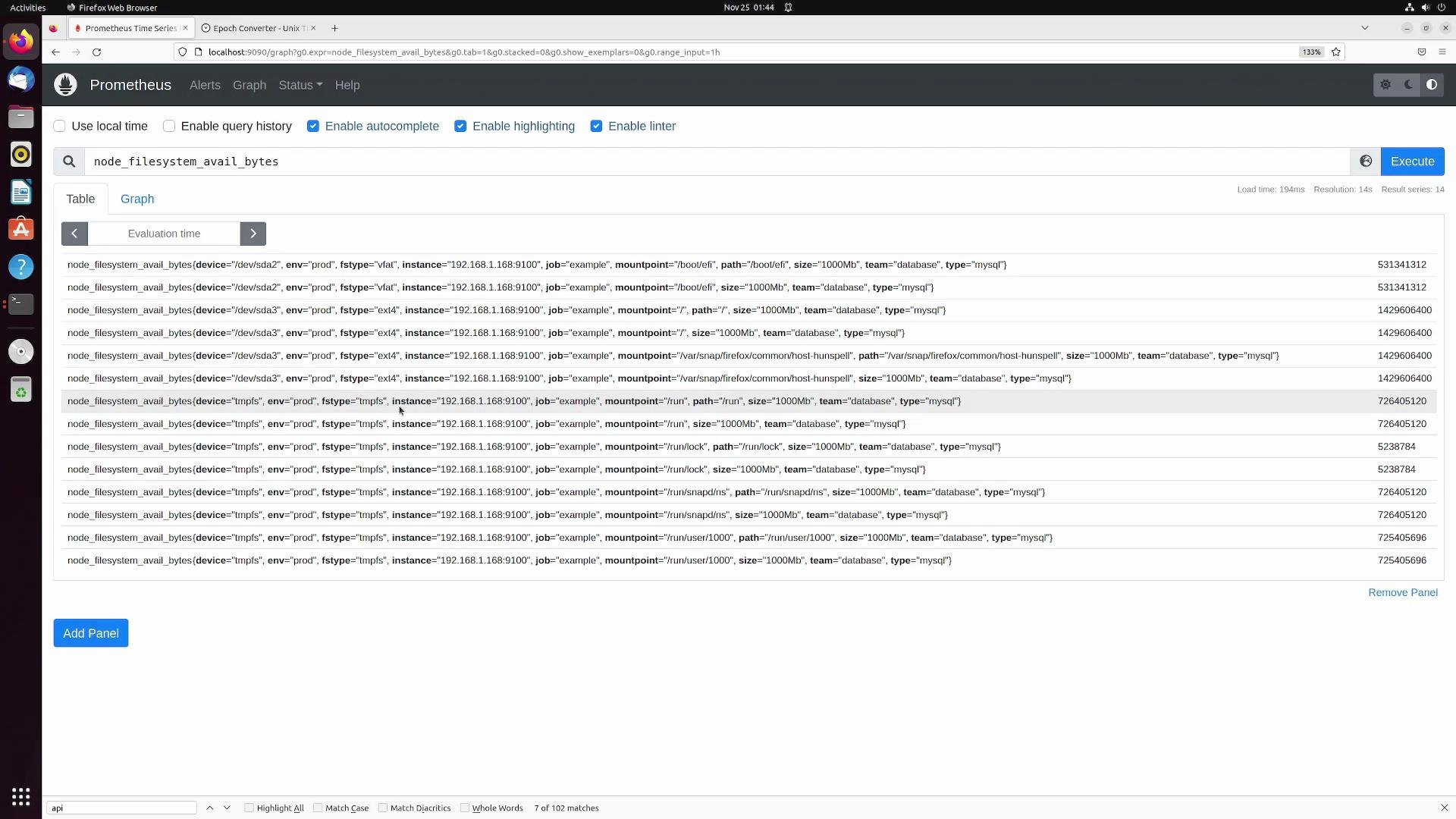 The image shows a Prometheus web interface displaying query results for node filesystem available bytes, listing various metrics and their details. The interface appears to be running on a Firefox web browser.