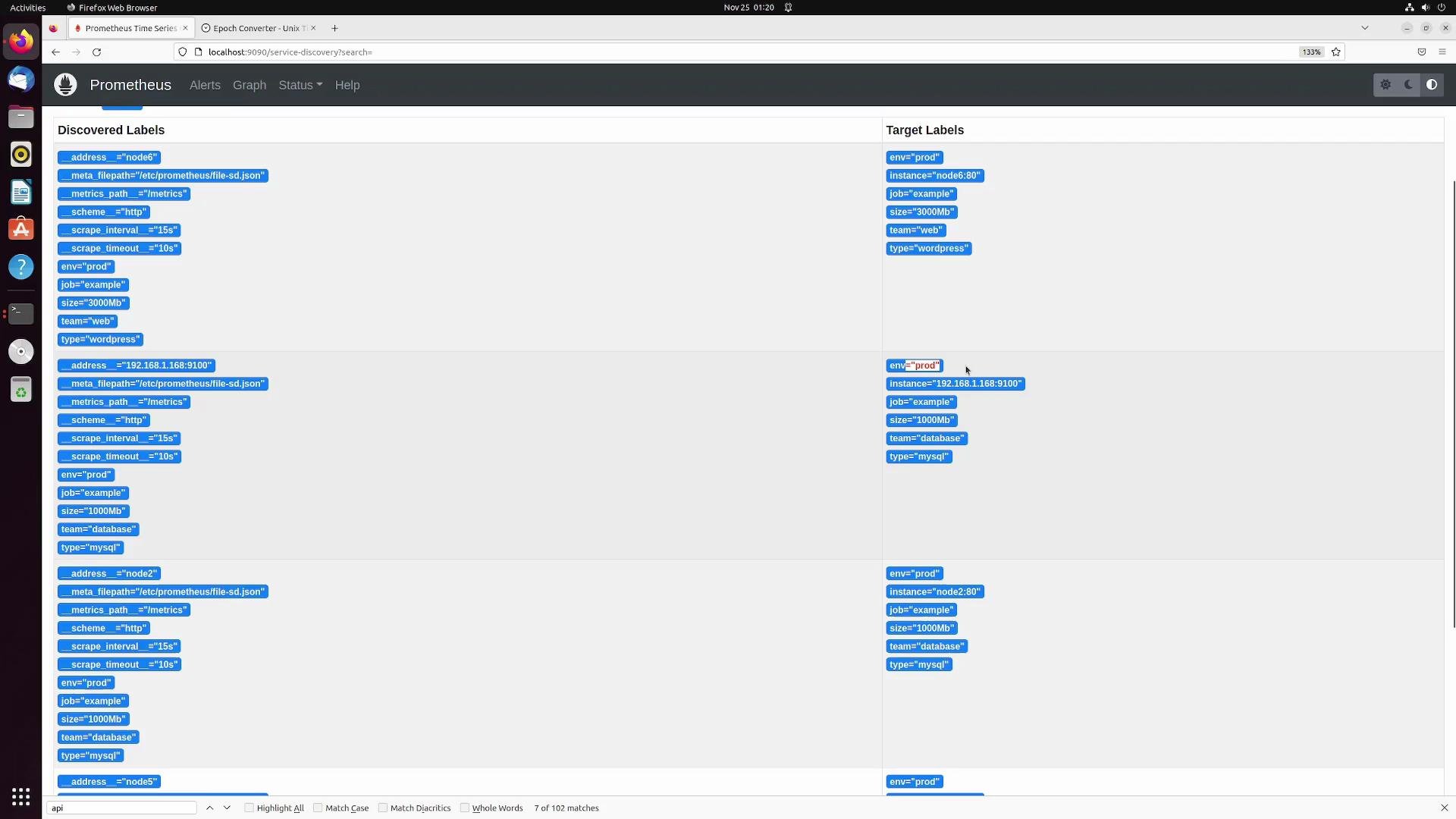 The image shows a Prometheus web interface displaying a list of discovered labels and target labels for different nodes, indicating configurations for monitoring systems.