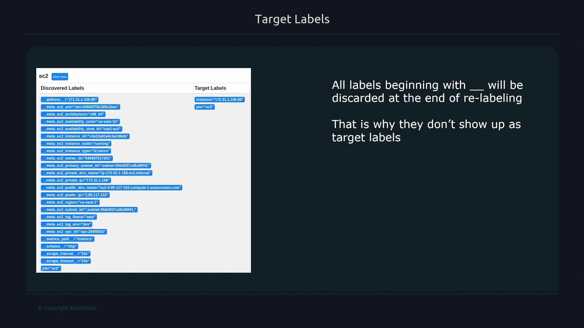 The image shows a table of discovered labels and target labels for an EC2 instance, with a note explaining that labels beginning with "__" will be discarded after re-labeling.