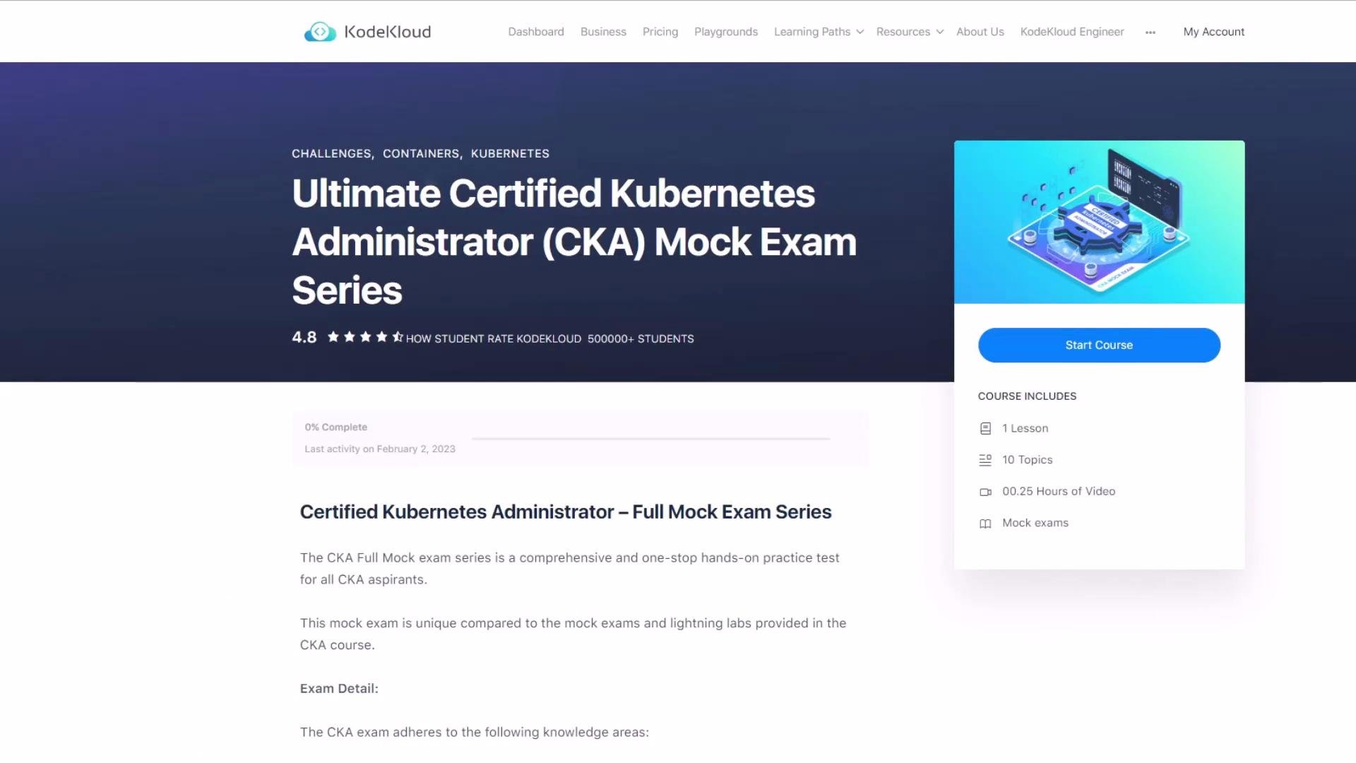 The image shows a webpage from KodeKloud offering the "Ultimate Certified Kubernetes Administrator (CKA) Mock Exam Series" with course details and a start course button.