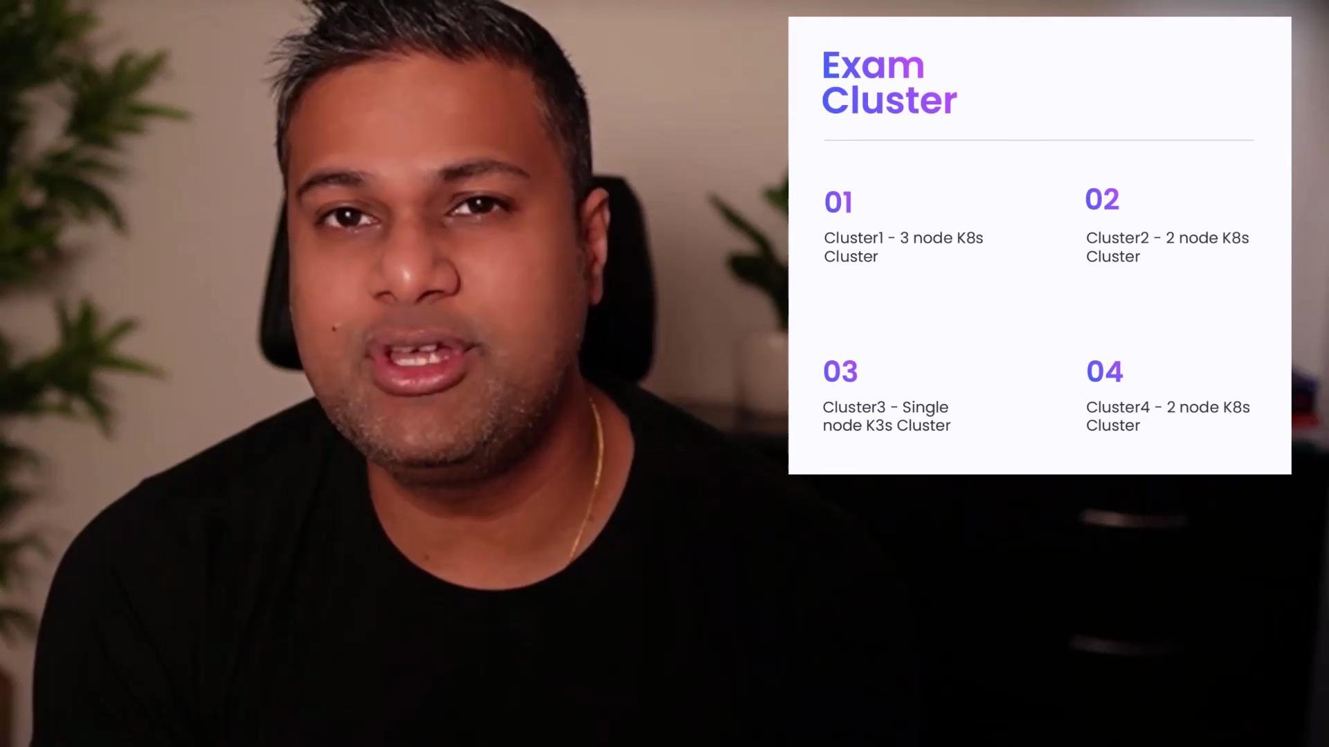 The image shows a person speaking, with a list of "Exam Clusters" that includes details about various Kubernetes cluster configurations.