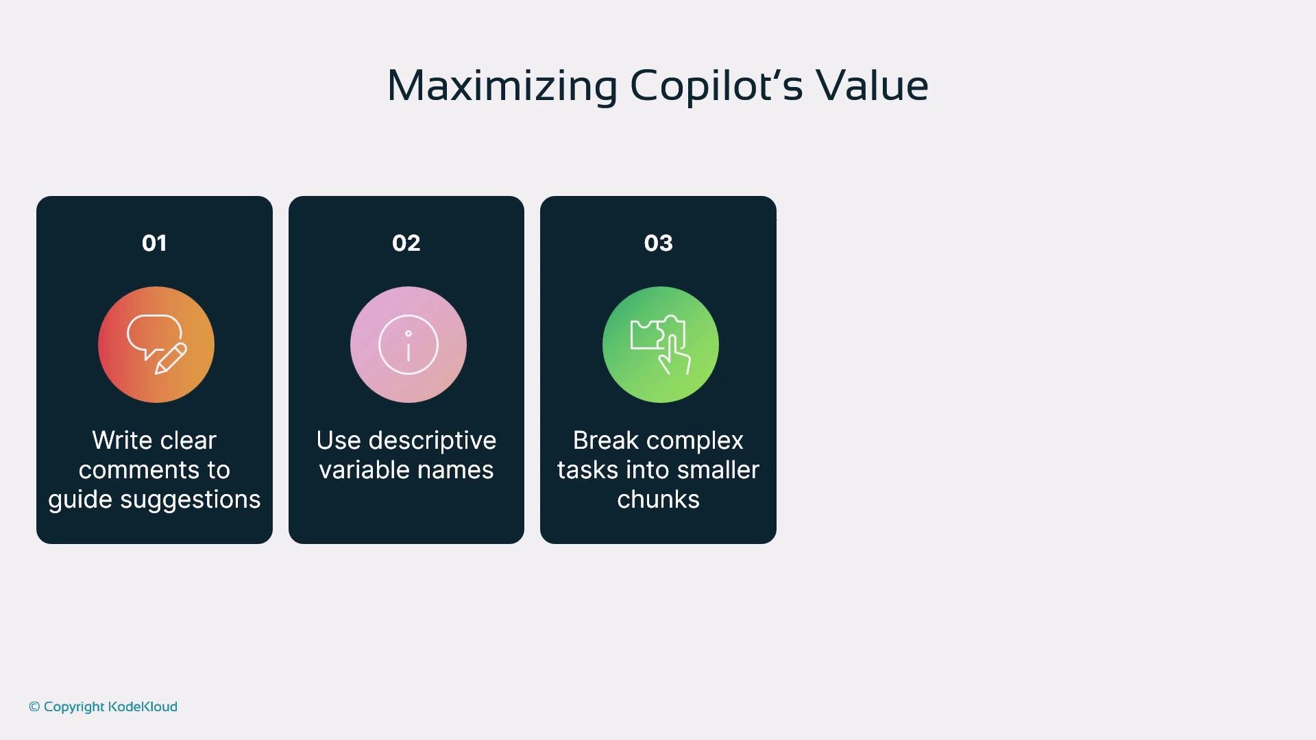 A presentation slide titled "Maximizing Copilot's Value" showing three numbered tips: "Write clear comments to guide suggestions," "Use descriptive variable names," and "Break complex tasks into smaller chunks." Each tip is displayed in a dark rounded card with a colorful circular icon.