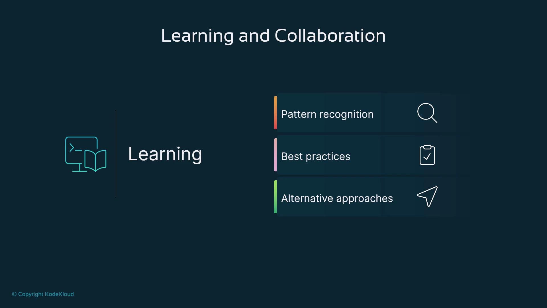 A presentation slide titled "Learning and Collaboration" with a "Learning" section and an icon on the left. On the right are three items—Pattern recognition, Best practices, and Alternative approaches—each paired with a small icon.