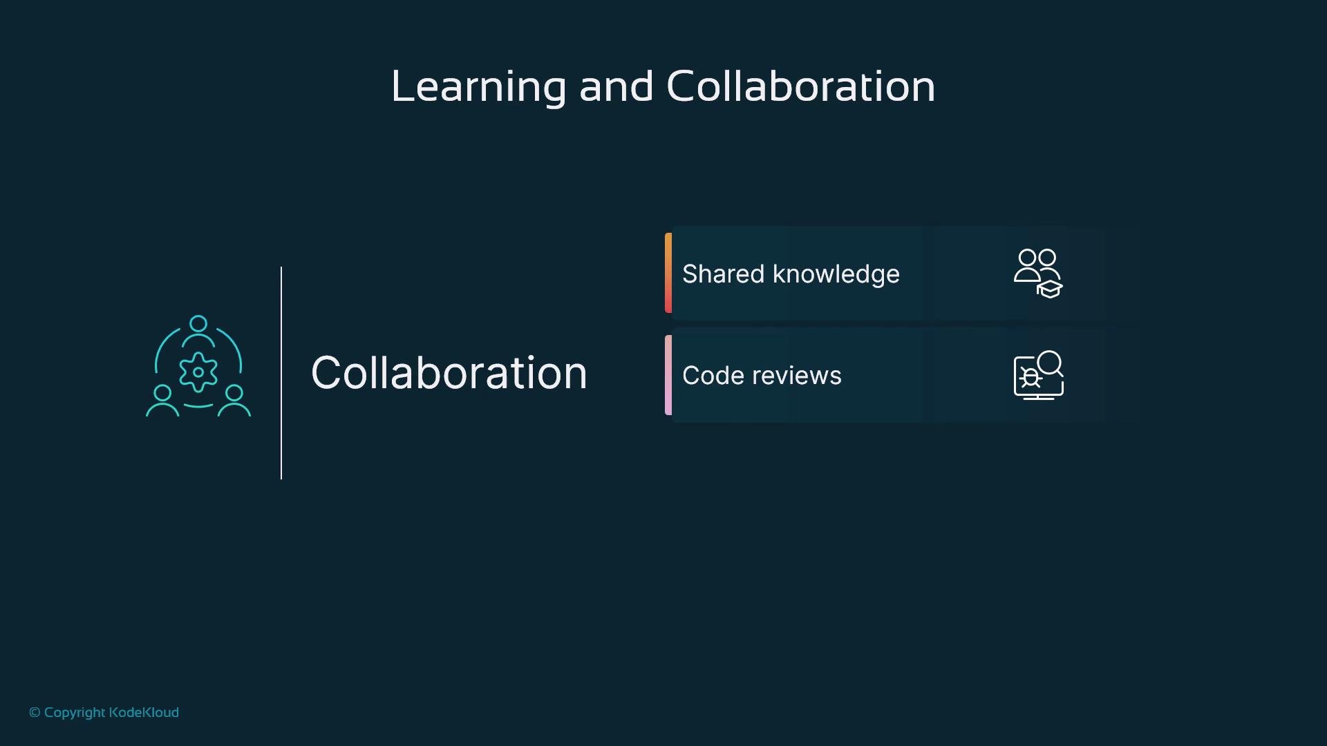 A dark-themed presentation slide titled "Learning and Collaboration." It highlights "Collaboration" with two items: "Shared knowledge" and "Code reviews," each shown with simple icons.