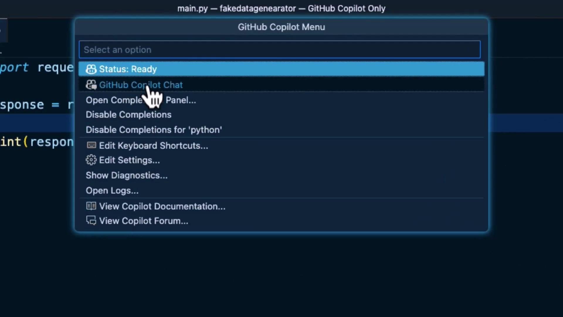 Screenshot of a GitHub Copilot menu overlaid on a code editor, with "Status: Ready" highlighted and a hand cursor pointing at "GitHub Copilot Chat." The menu shows options like Open Completion Panel, Disable Completions, Edit Settings, and View Copilot Documentation.