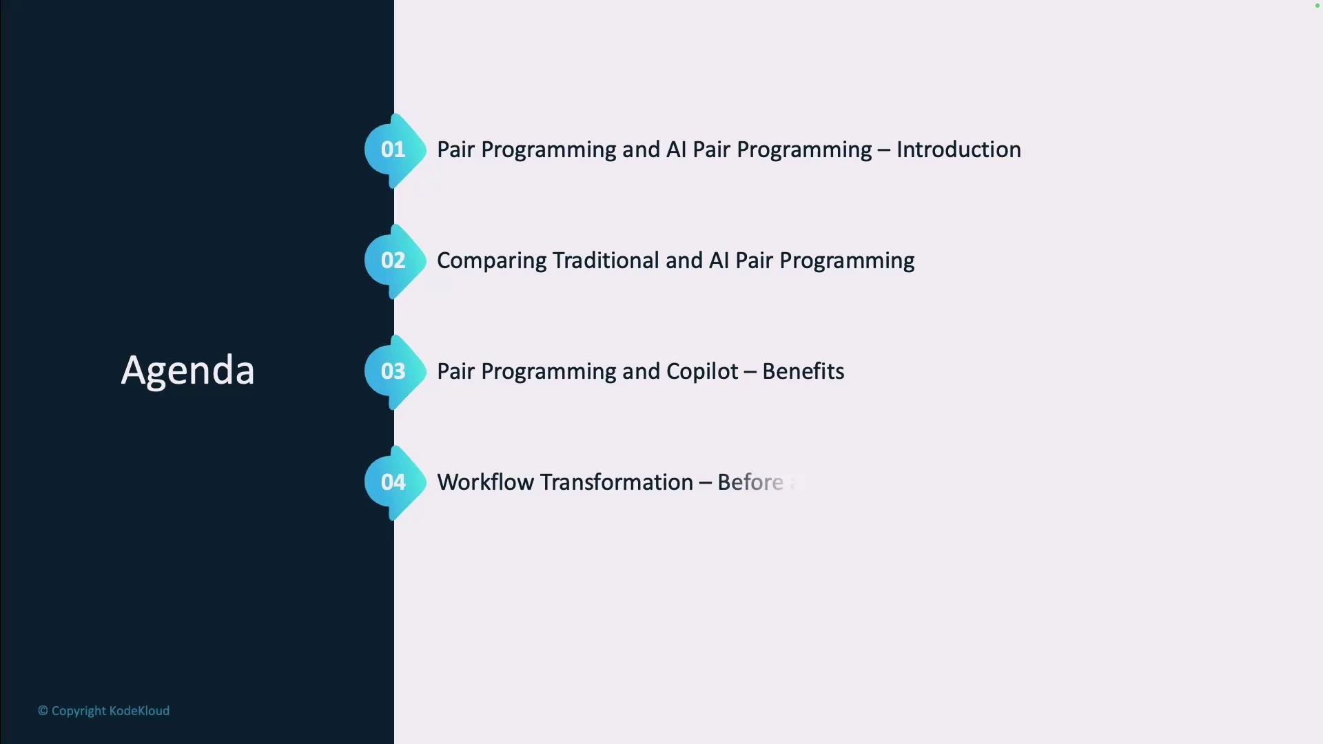 A presentation agenda slide showing four numbered items about pair programming and AI (introduction, comparison with traditional pair programming, benefits with Copilot, and workflow transformation). A dark left column displays the word "Agenda" with blue numbered markers next to each item.
