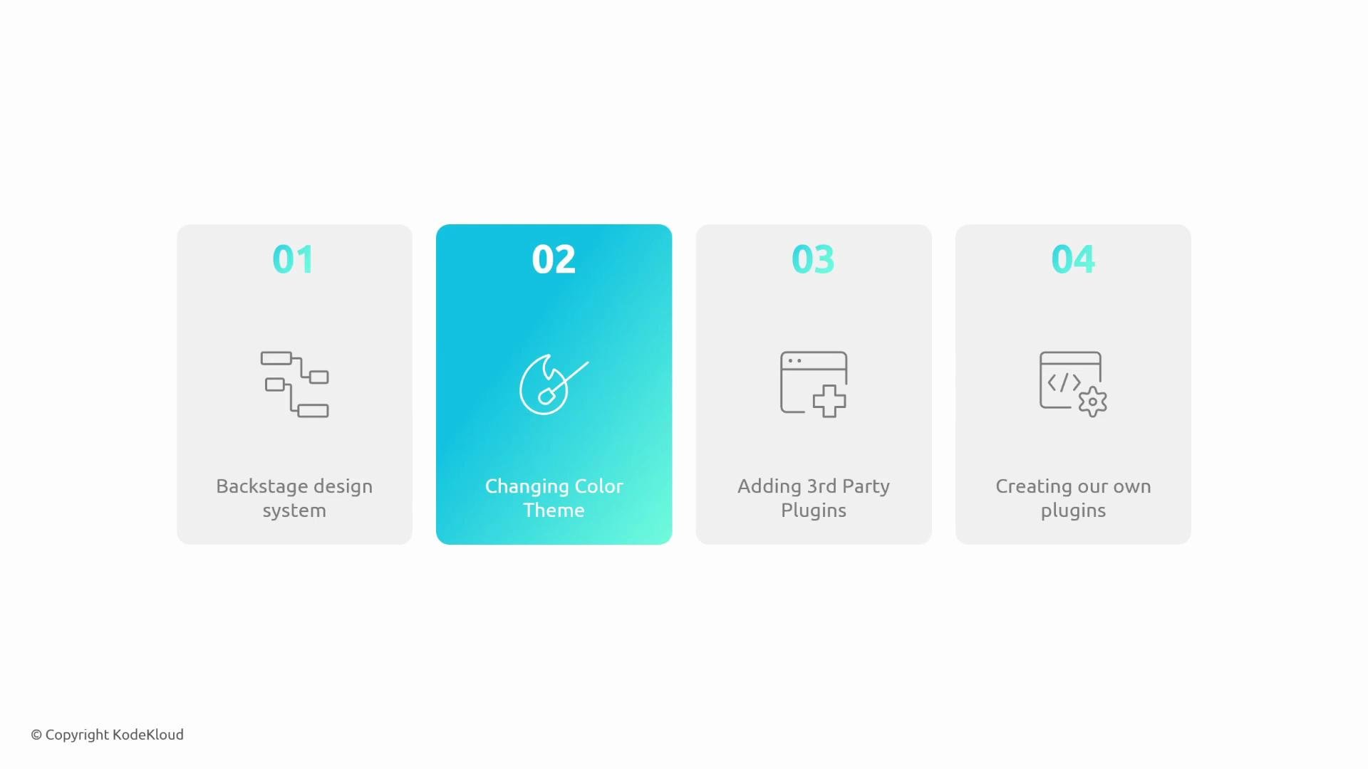 A horizontal row of four rounded cards numbered 01–04 showing project items: "Backstage design system," "Changing Color Theme" (highlighted in blue), "Adding 3rd Party Plugins," and "Creating our own plugins," each with a simple icon.
