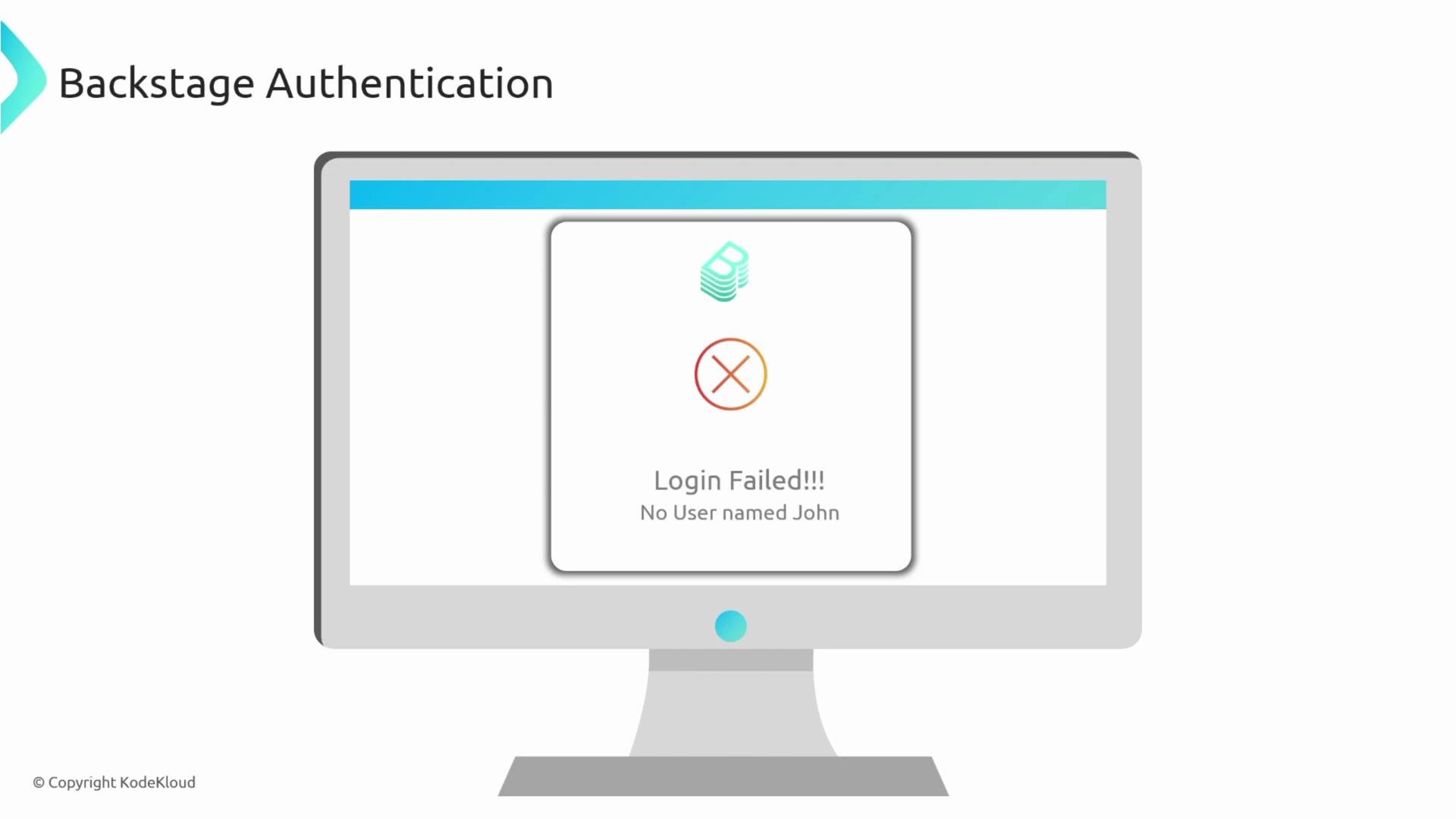 An illustration of a computer screen titled "Backstage Authentication" showing a popup with a red X and the message "Login Failed!!! No User named John." The graphic looks like a failed login/error notification on a desktop monitor.