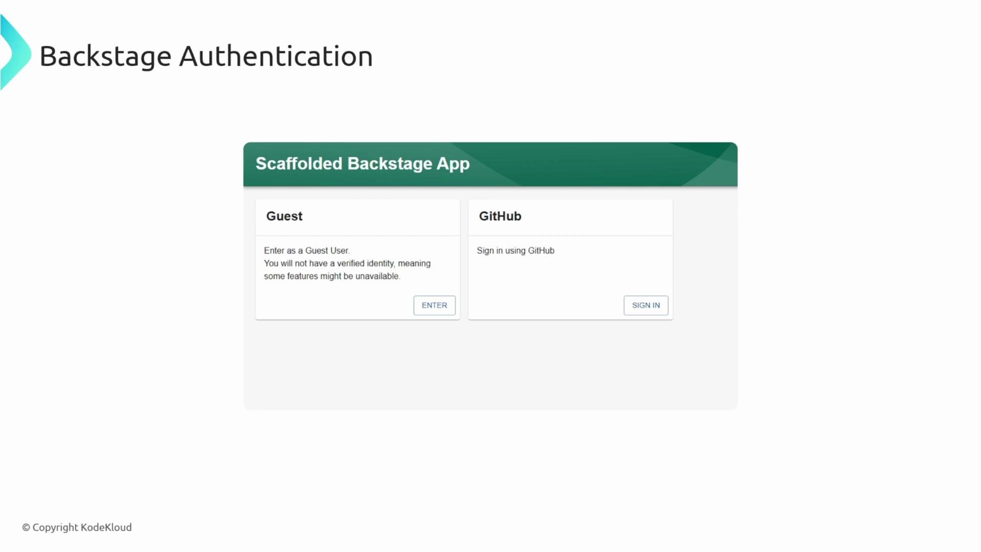 A screenshot of a "Backstage Authentication" page for a scaffolded Backstage app showing two login options: "Guest" with an Enter button and "GitHub" with a Sign In button. The page also shows a small copyright notice for KodeKloud.