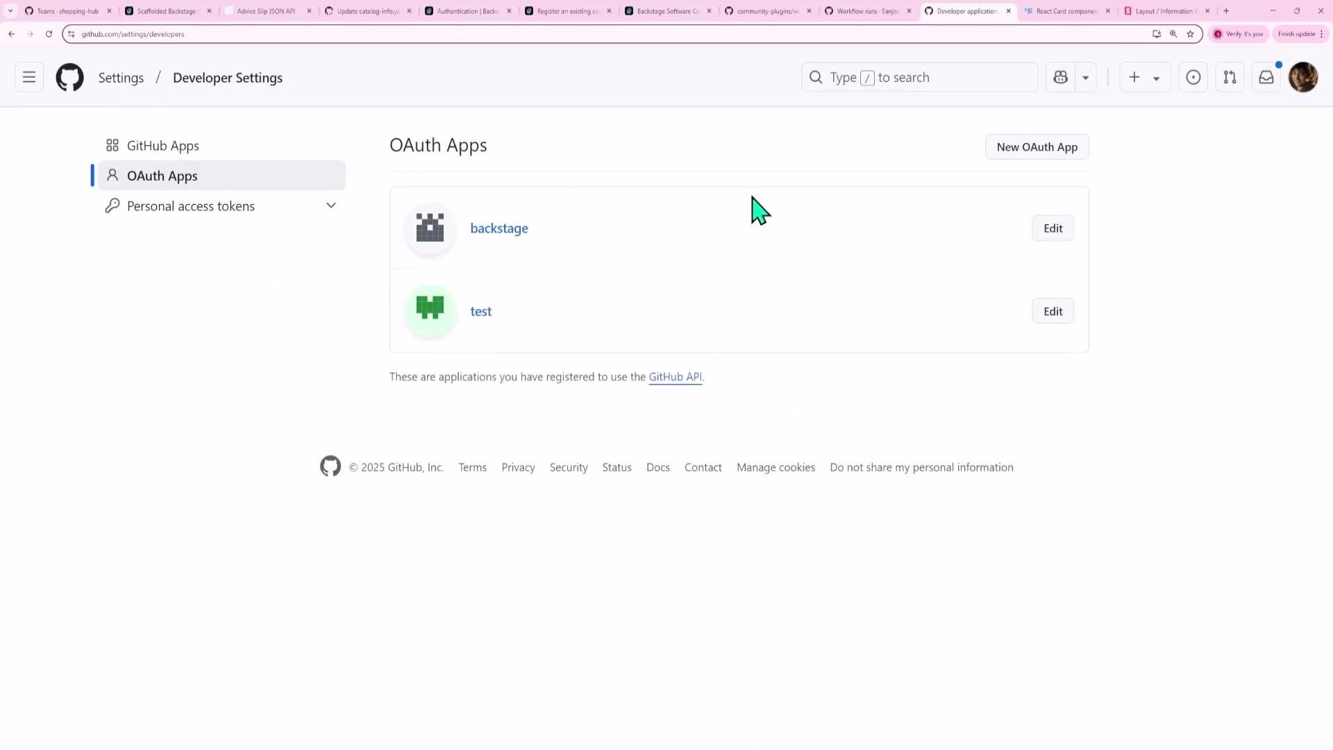 A screenshot of the GitHub Developer Settings page showing the OAuth Apps section with two registered applications named "backstage" and "test," each with an Edit button. The left sidebar also shows navigation for GitHub Apps and Personal access tokens.