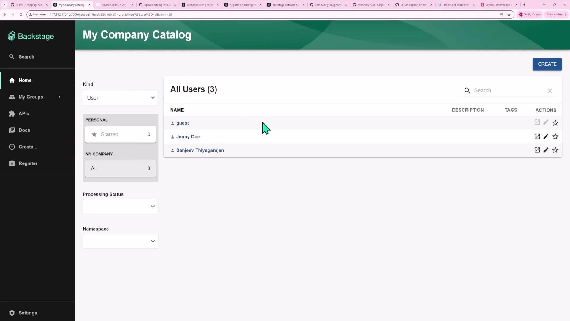 A web application dashboard titled "My Company Catalog" with a left sidebar menu and a main panel listing "All Users (3)". The user table shows three entries (guest, Jenny Doe, and Sanjeev Thiyagarajan) with search and action icons.