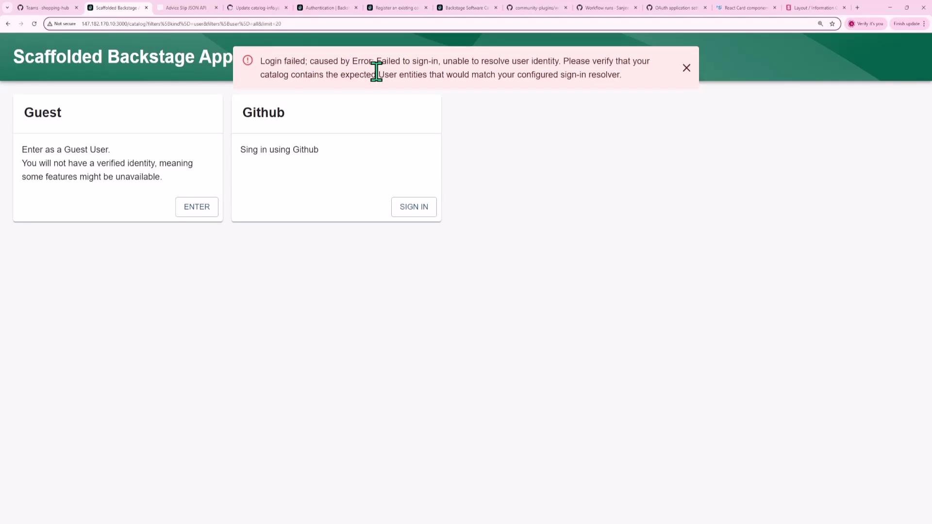A web app login screen titled "Scaffolded Backstage App" showing two sign-in cards for "Guest" and "Github." A red error banner at the top reports a login failure saying it can't resolve the user identity.