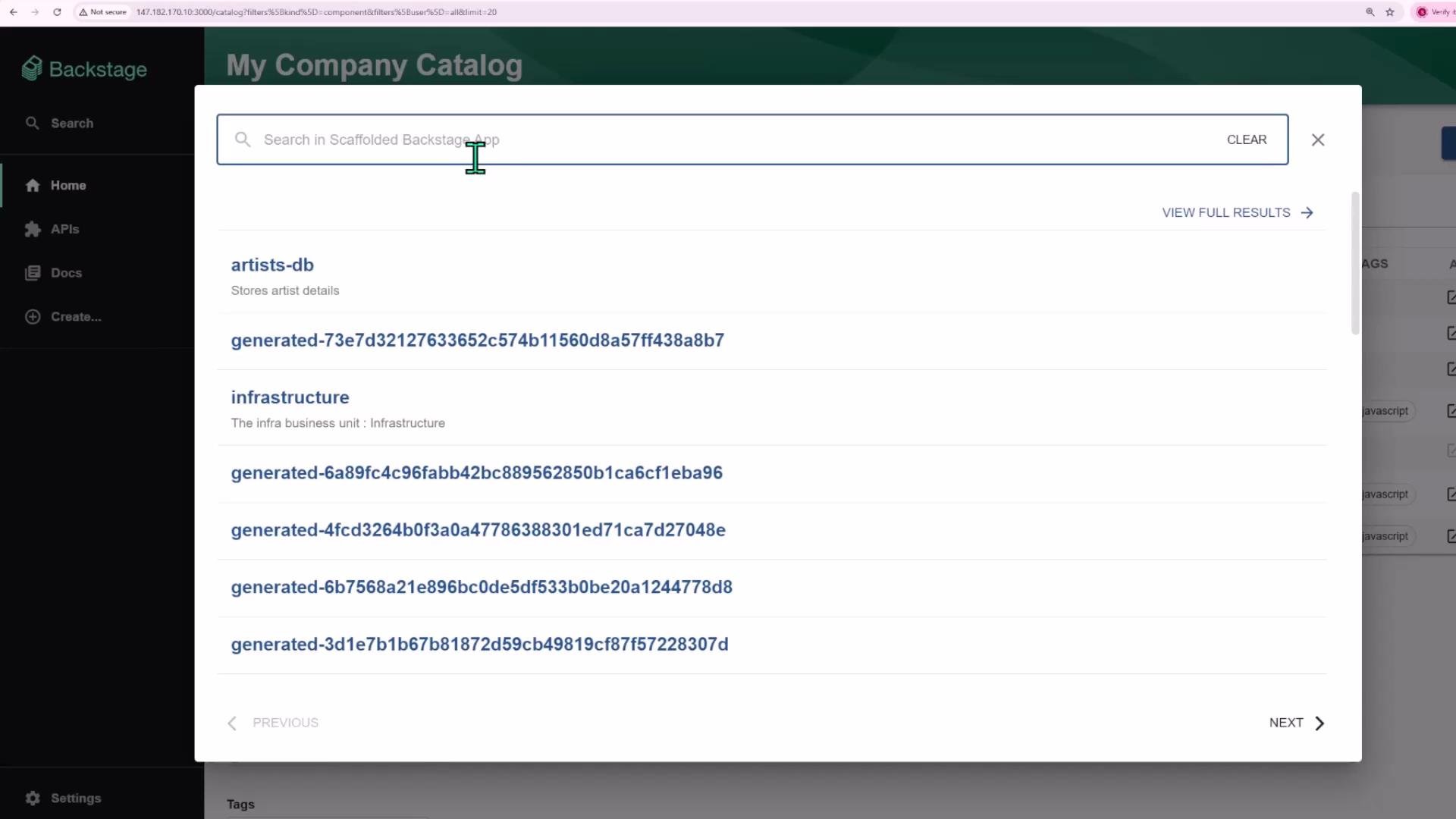 A screenshot of a Backstage web UI showing "My Company Catalog" search results with entries like "artists-db", "infrastructure" and several autogenerated component IDs. A search box is at the top and a left-side navigation menu is visible.