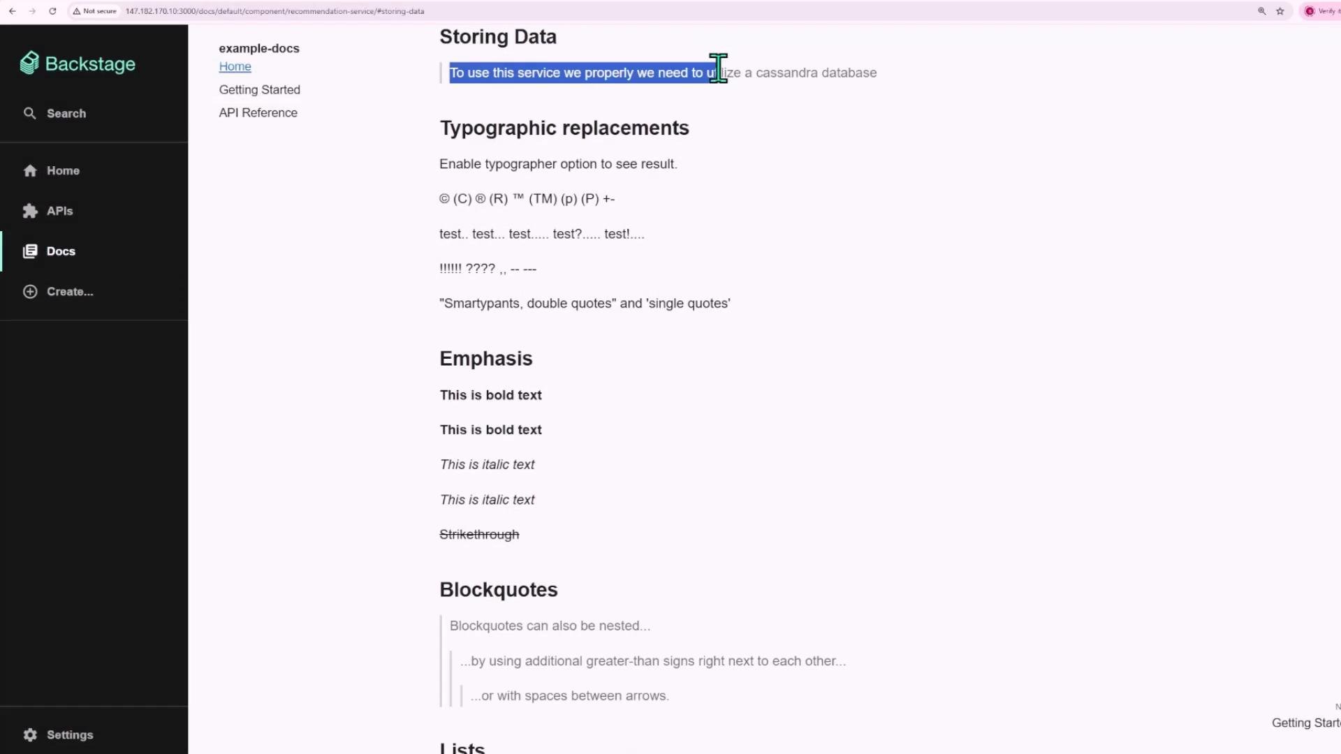 A screenshot of a Backstage documentation page titled "Storing Data" showing typographic replacement and emphasis examples. A dark left sidebar lists navigation items (Home, APIs, Docs) while the main area displays sample text, blockquotes and formatting demos.