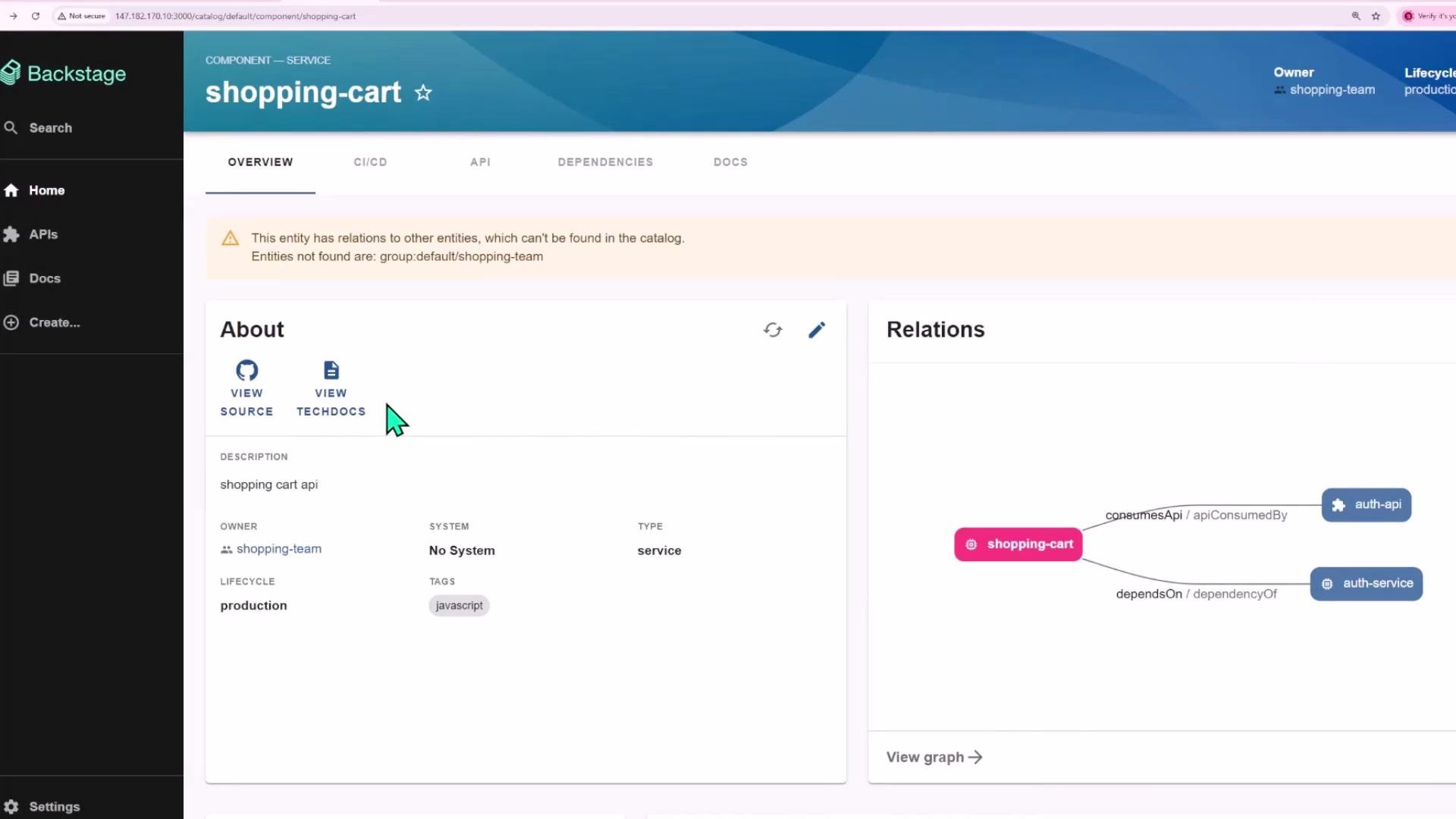A screenshot of the Backstage catalog showing the "shopping-cart" service page with an About panel, tabs (Overview, CI/CD, API, Dependencies, Docs), and a warning about missing related entities. On the right is a relations graph linking the shopping-cart to auth-api and auth-service.