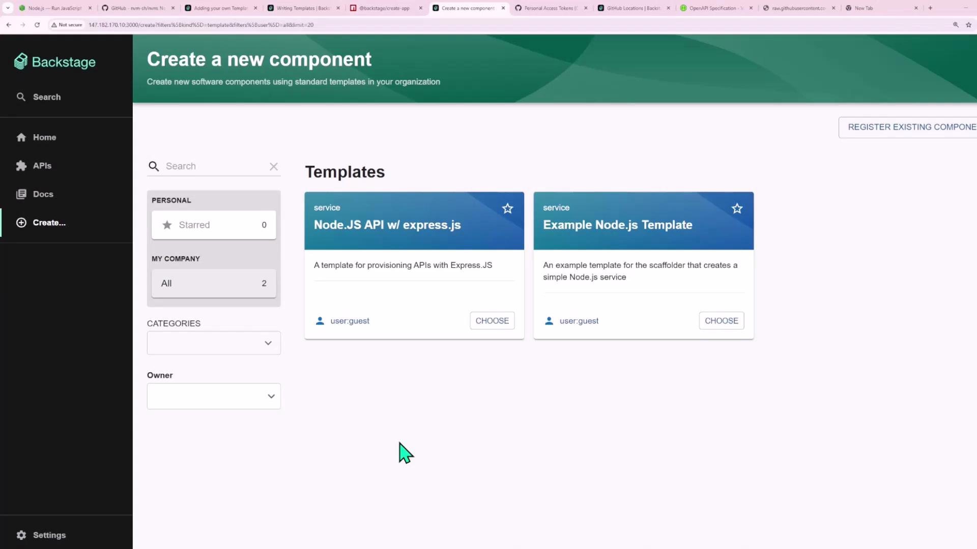 A web app screenshot of the Backstage "Create a new component" page showing template cards for Node.js services (e.g., "Node.JS API w/ express.js" and "Example Node.js Template"). The left sidebar shows navigation items like Home, APIs, Docs and Create.