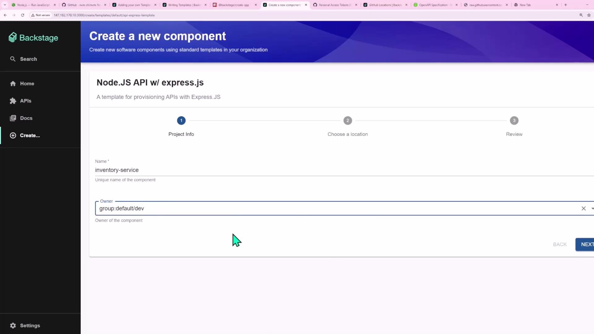 A screenshot of the Backstage "Create a new component" page showing the Node.JS API w/ express.js template. The form displays a component name "inventory-service" and an owner field set to "group:default/dev."