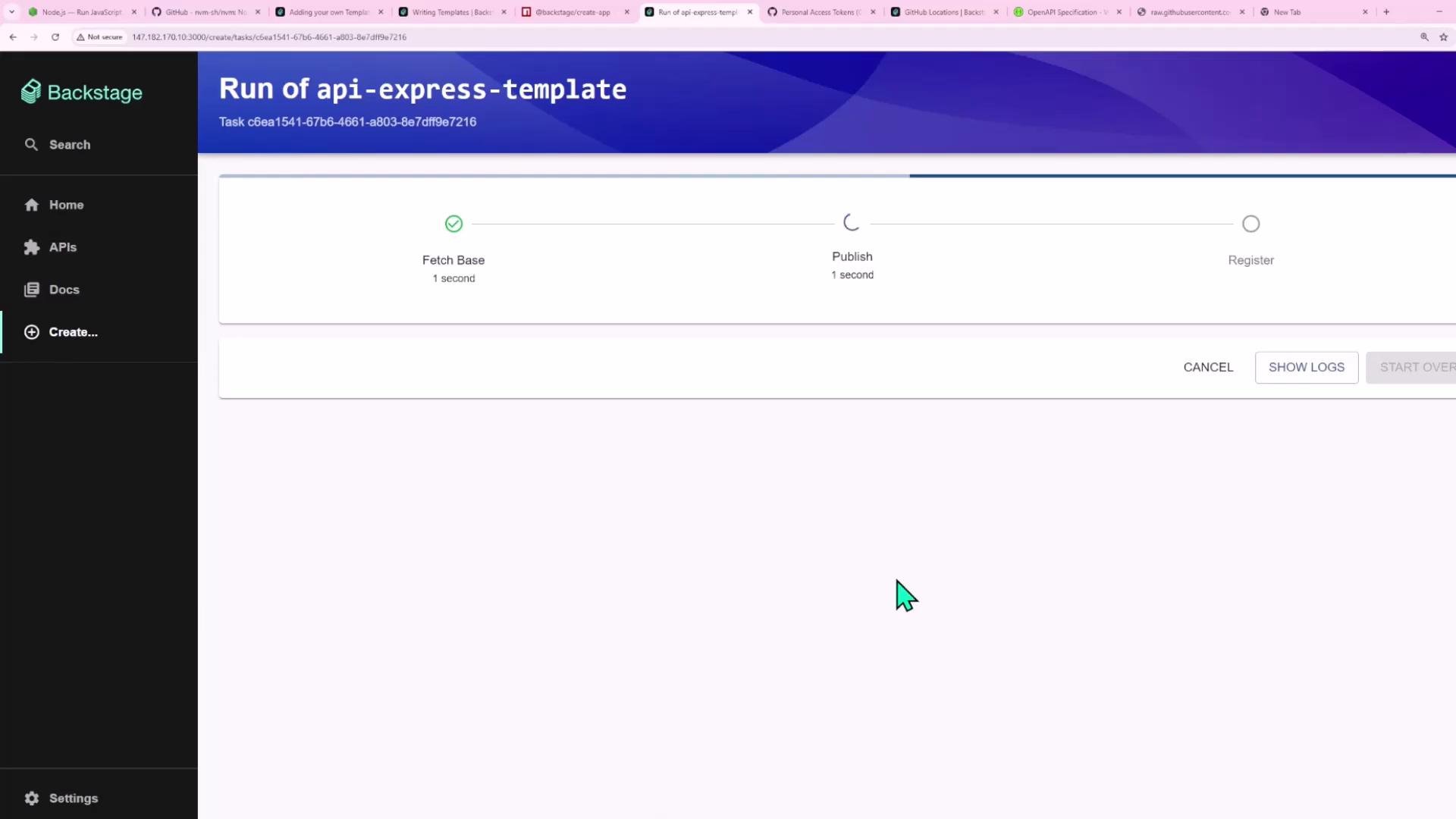 A screenshot of the Backstage web UI showing a run titled "Run of api-express-template" with a three-step progress bar where "Fetch Base" is complete, "Publish" is in progress, and "Register" is pending. The left sidebar shows navigation items like Home, APIs, Docs and a highlighted "Create..." option.