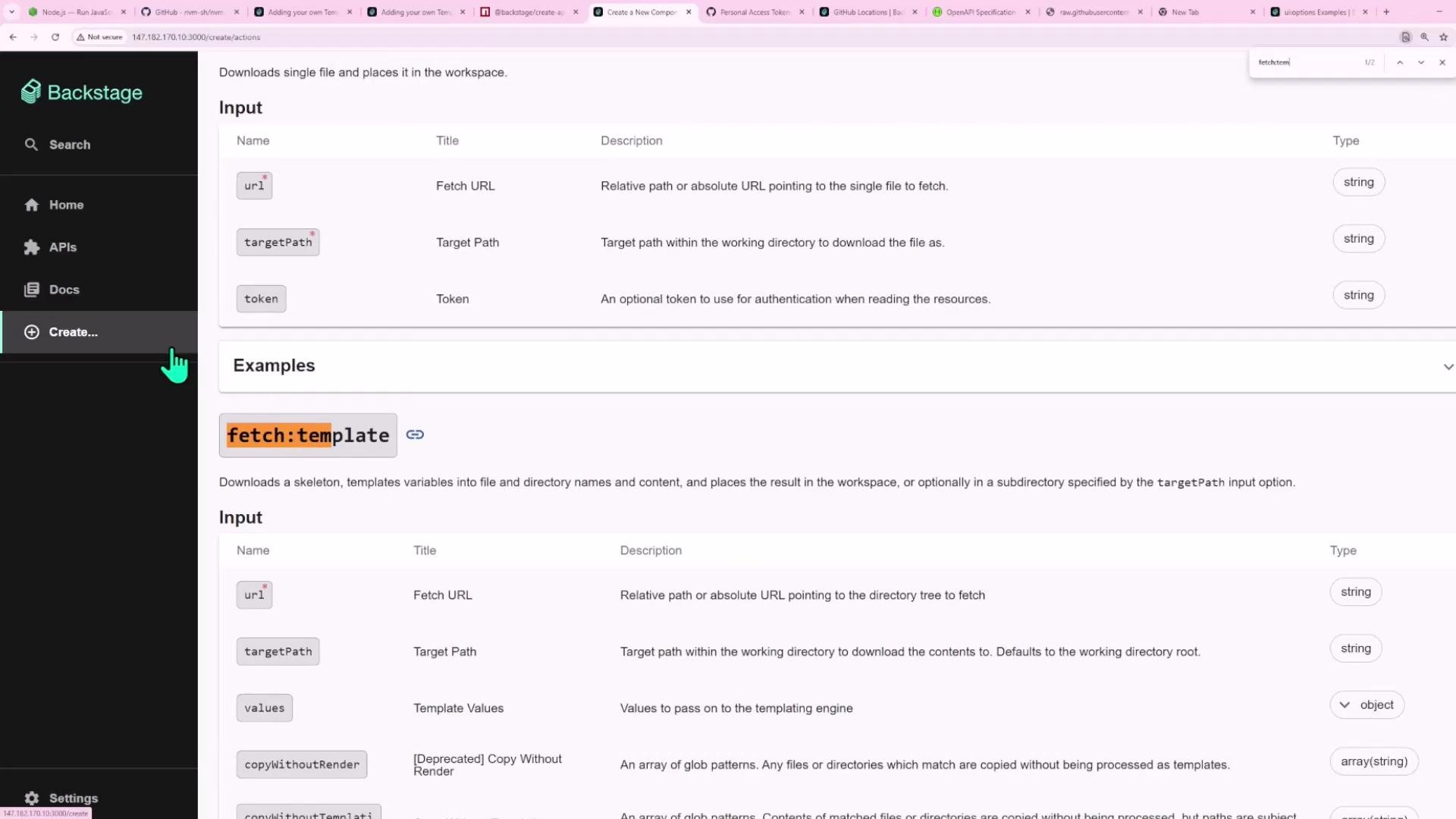 A screenshot of the Backstage web UI showing documentation for fetch actions (including "fetch:template"), with input parameter tables, descriptions and examples. A dark left sidebar displays navigation items like Search, Home, APIs, Docs and a highlighted Create button.