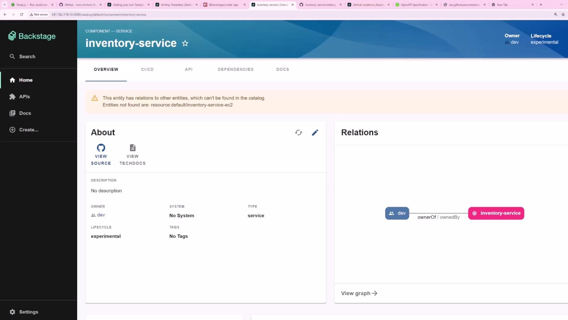 A screenshot of the Backstage catalog showing the "inventory-service" component overview page with an alert about missing related entities and panels for About (owner: dev, lifecycle: experimental) and Relations (graph linking dev to inventory-service).