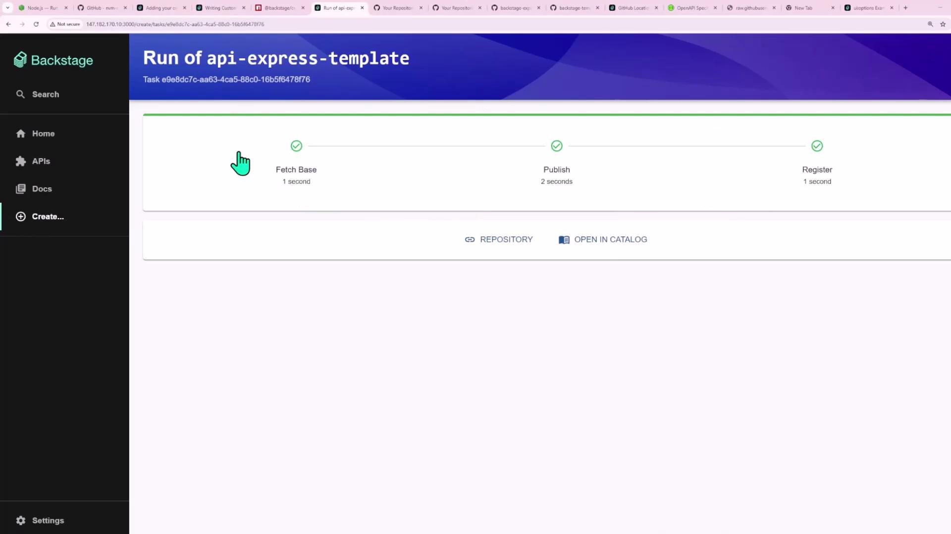 A screenshot of the Backstage web UI showing a run page for "api-express-template" with a horizontal progress timeline of completed steps (Fetch Base, Publish, Register). The left sidebar displays navigation items like Home, APIs, Docs, and Create.
