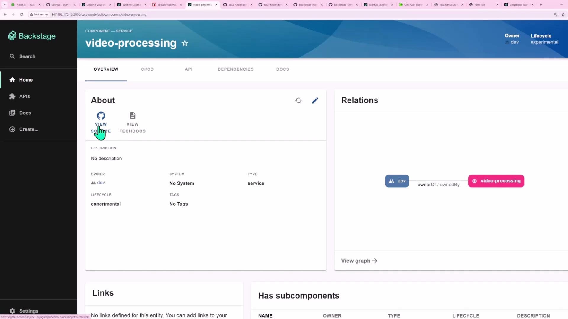 A Backstage web UI page for a "video-processing" service component, showing the About panel (with owner "dev" and lifecycle "experimental") and options like View Source and View TechDocs. The right side displays a relations graph linking the "dev" owner to the video-processing component.