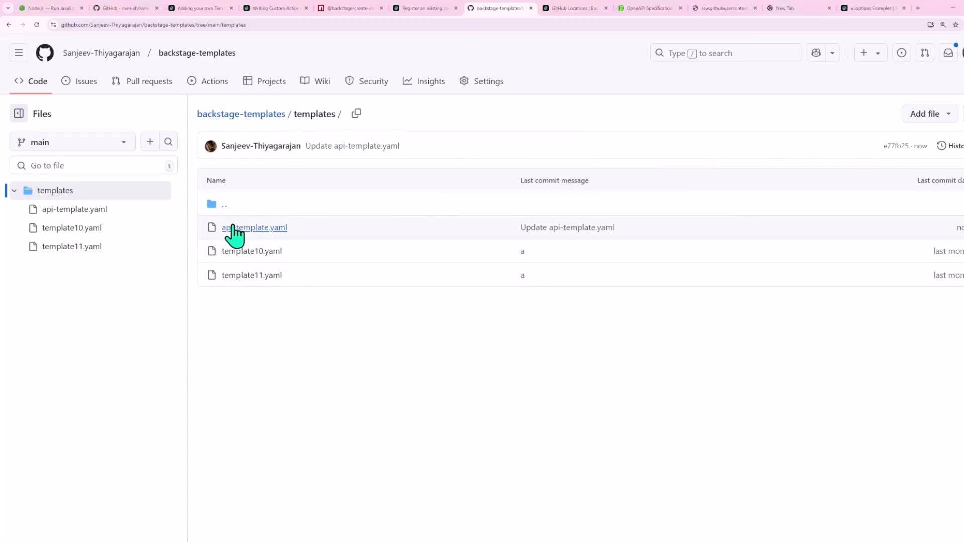 A screenshot of a GitHub repository page showing the backstage-templates/templates directory with files like api-template.yaml, template10.yaml, and template11.yaml. A green pointer/cursor is clicking the api-template.yaml entry in the file list.