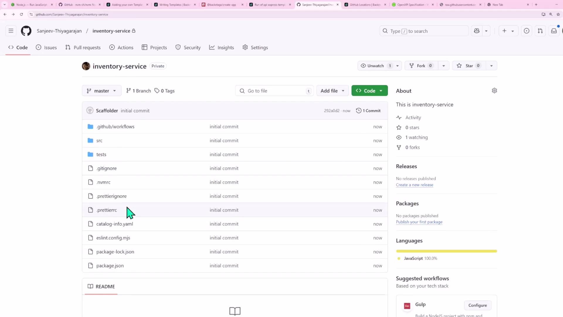 A screenshot of a GitHub repository page for "inventory-service," showing the file list (folders like .github/workflows, src, tests and files such as .gitignore, package.json) and the repo sidebar with activity and language info.