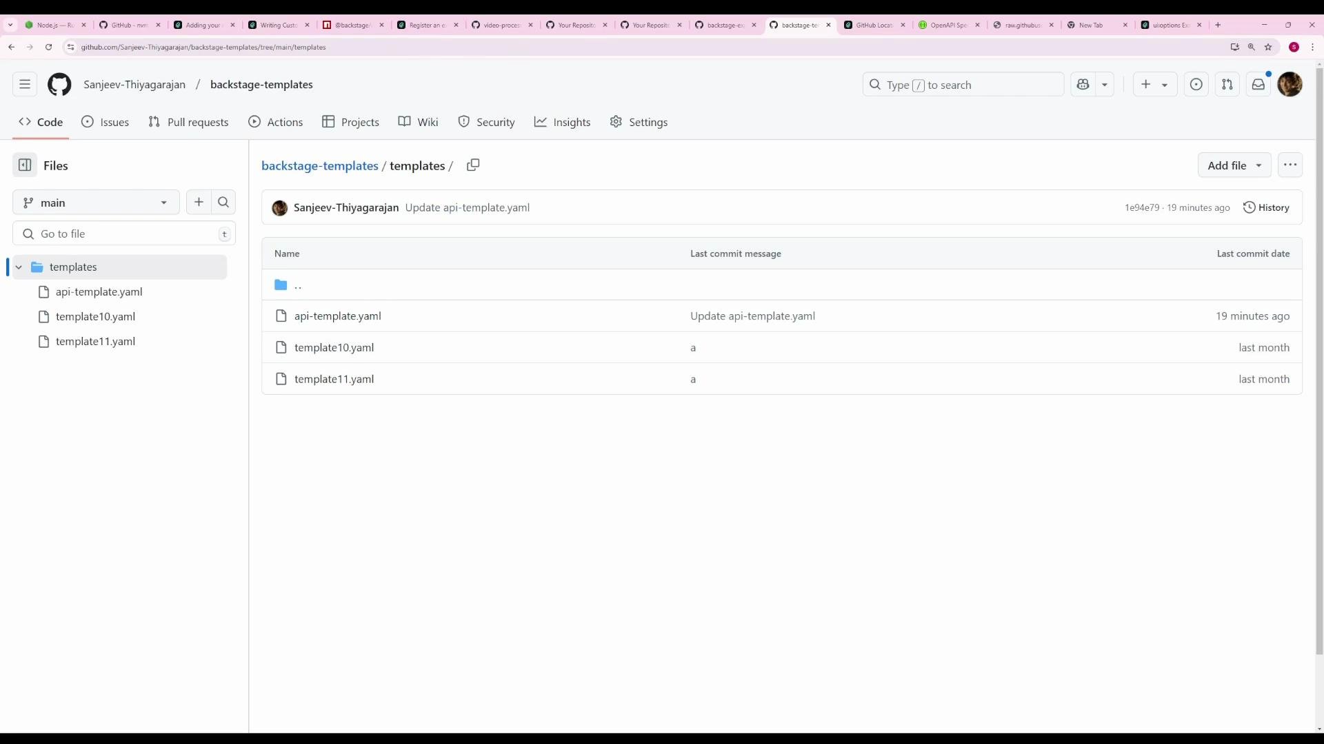 A screenshot of a GitHub repository page showing the "backstage-templates/templates" folder. The file list displays three YAML files (api-template.yaml, template10.yaml, template11.yaml) along with recent commit info.